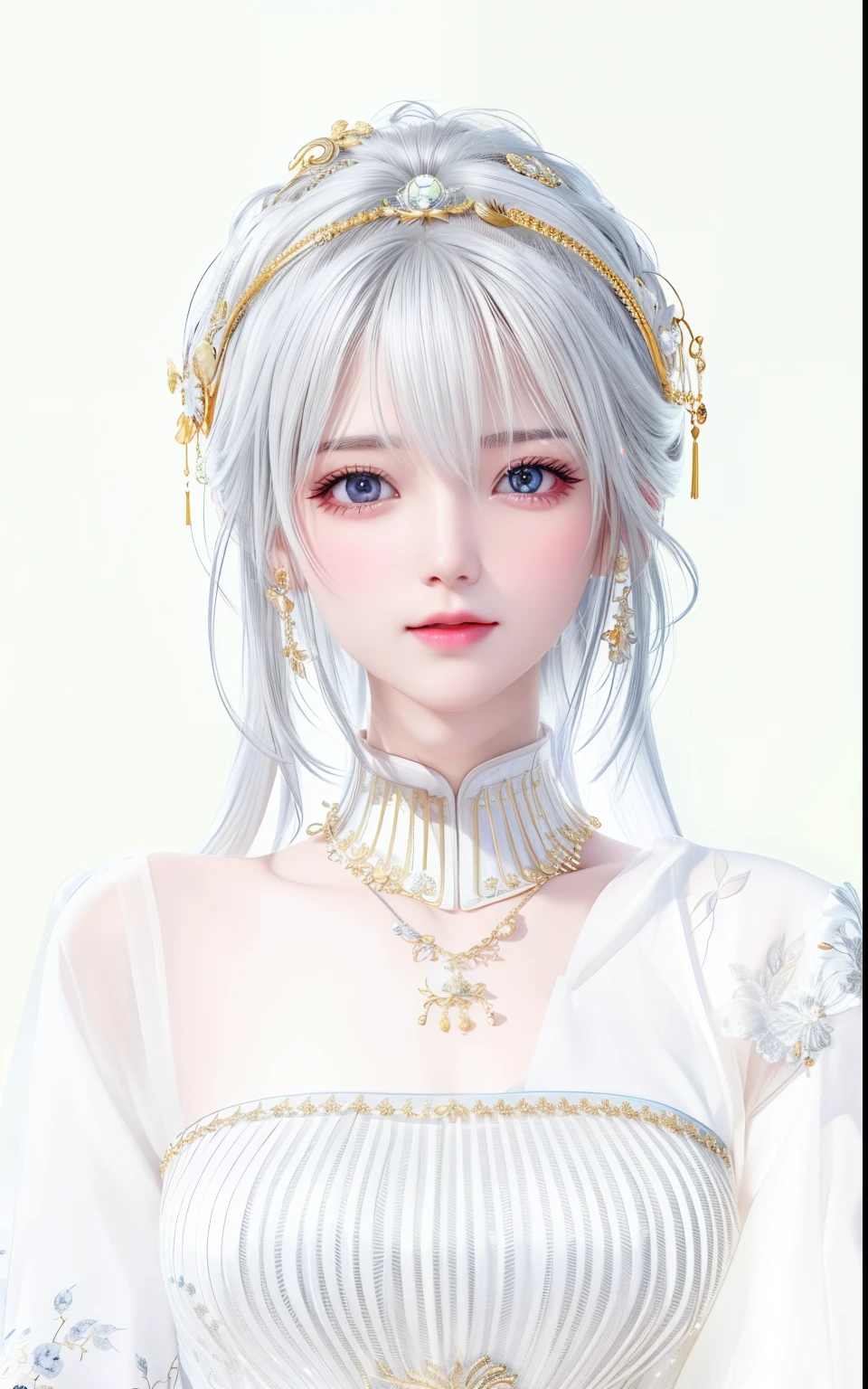 best quality, masterpiece, highres, 1girl,china dress,hair ornament,necklace, jewelry,Beautiful face,upon_body, tyndall effect,photorealistic, dark studio, rim lighting, two tone lighting,(high detailed skin:1.2), 8k uhd, dslr, soft lighting, high quality, volumetric lighting, candid, Photograph, high resolution, 4k, 8k, Bokeh,face close-up,white hair,vivid expression