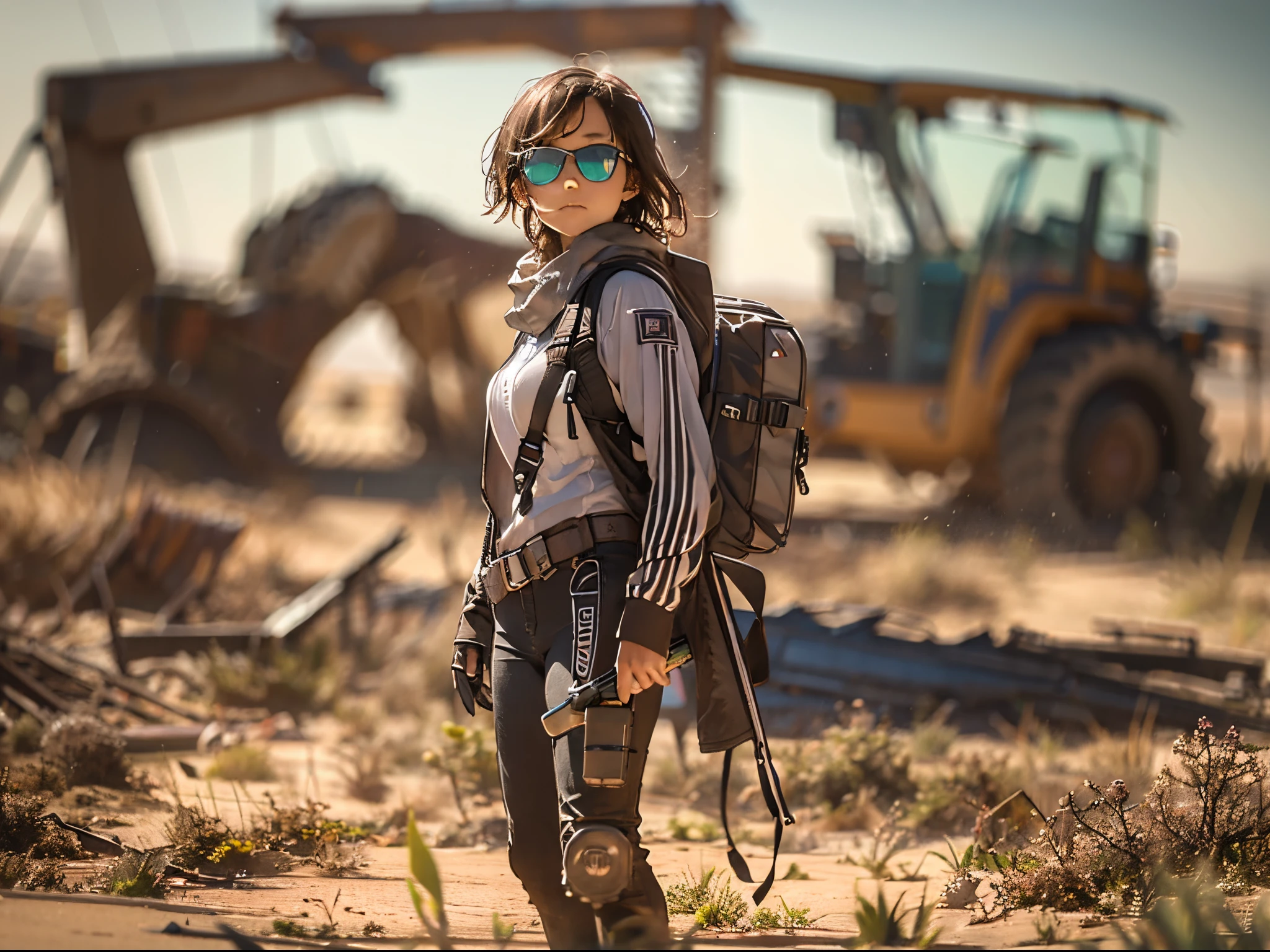 1girl, young, scavenger, wandering alone, a desert full of old machinery, face covered, motorcycle glasses, long sleeves, walking stick, backpack, sawed-off shotgun in the back. (post-apocalyptic background), scorching sun. Medium close, bokeh, overexposed lighting, tilted angle, from below.