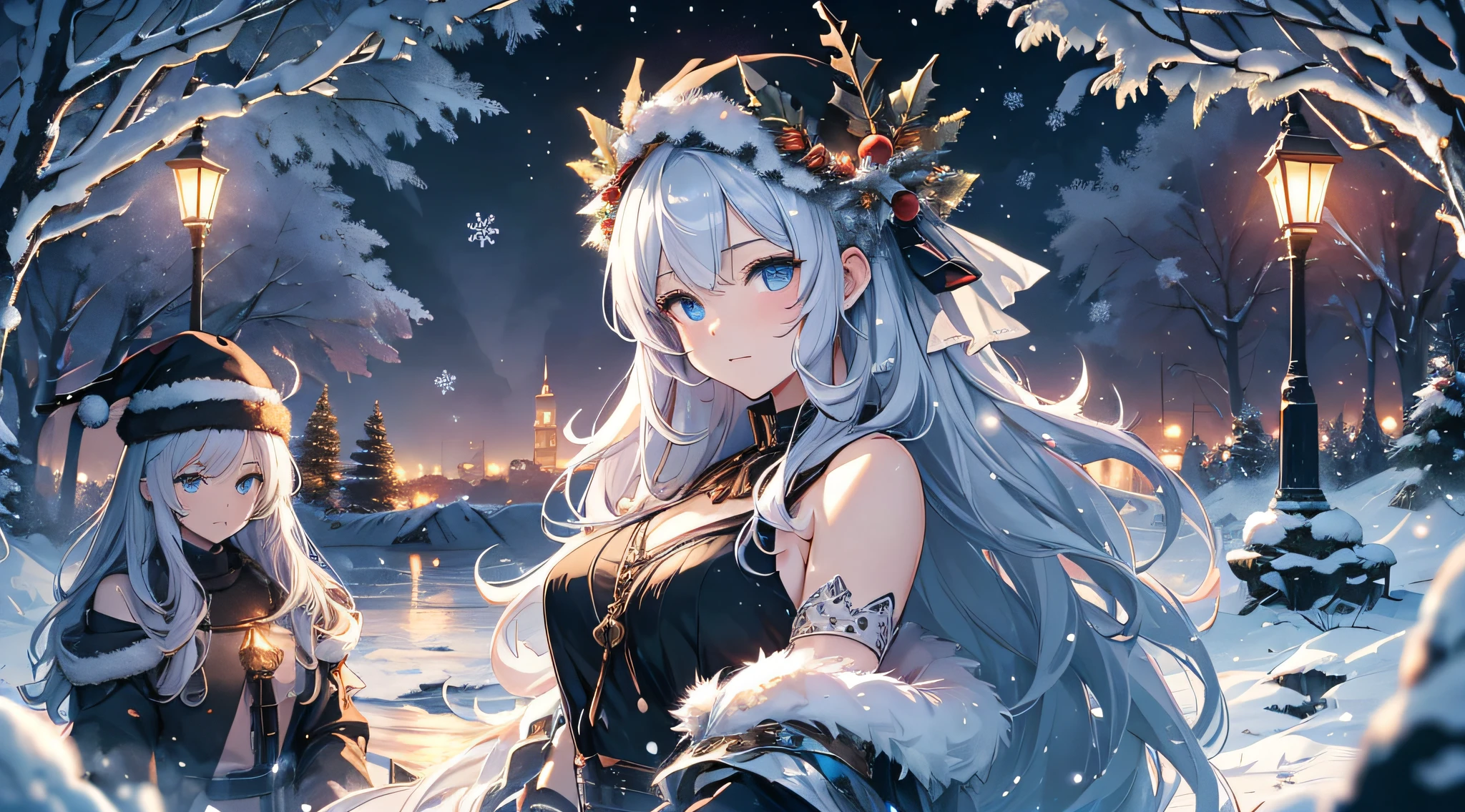 top-quality、Top image quality、masterpiece、s girl((Long coat in black、Blue tank top、black trousers、Santa's Hat、18year old、 Ager、Best Bust、big bast,Beautiful light blue eyes, Long silver hair、A slender,Large valleys、dye one's cheeks red、White breath、Reflecting the whole body、dye one's cheeks red、A slight smil、Gentle face、Shining eyes、Leaning forward、ride a red sleigh)),hiquality、Beautiful Art、Background with(( A quiet city at night、Beautiful road、snowflakes falling、Heavy snow falls、snowman、 A world where snow piles up、Christmas tree、)))、masutepiece、depth of fields,