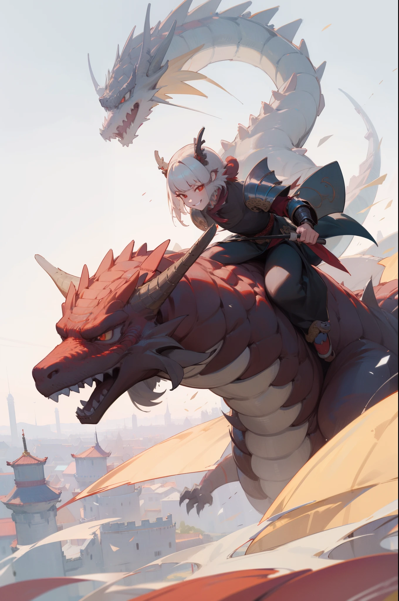 (outdoor, Chinese, Chinese dragon, castle), 1girl, clothed armor, ridding dragon, (smirk), masterpiece, best quality, 8k, perfect anatomy