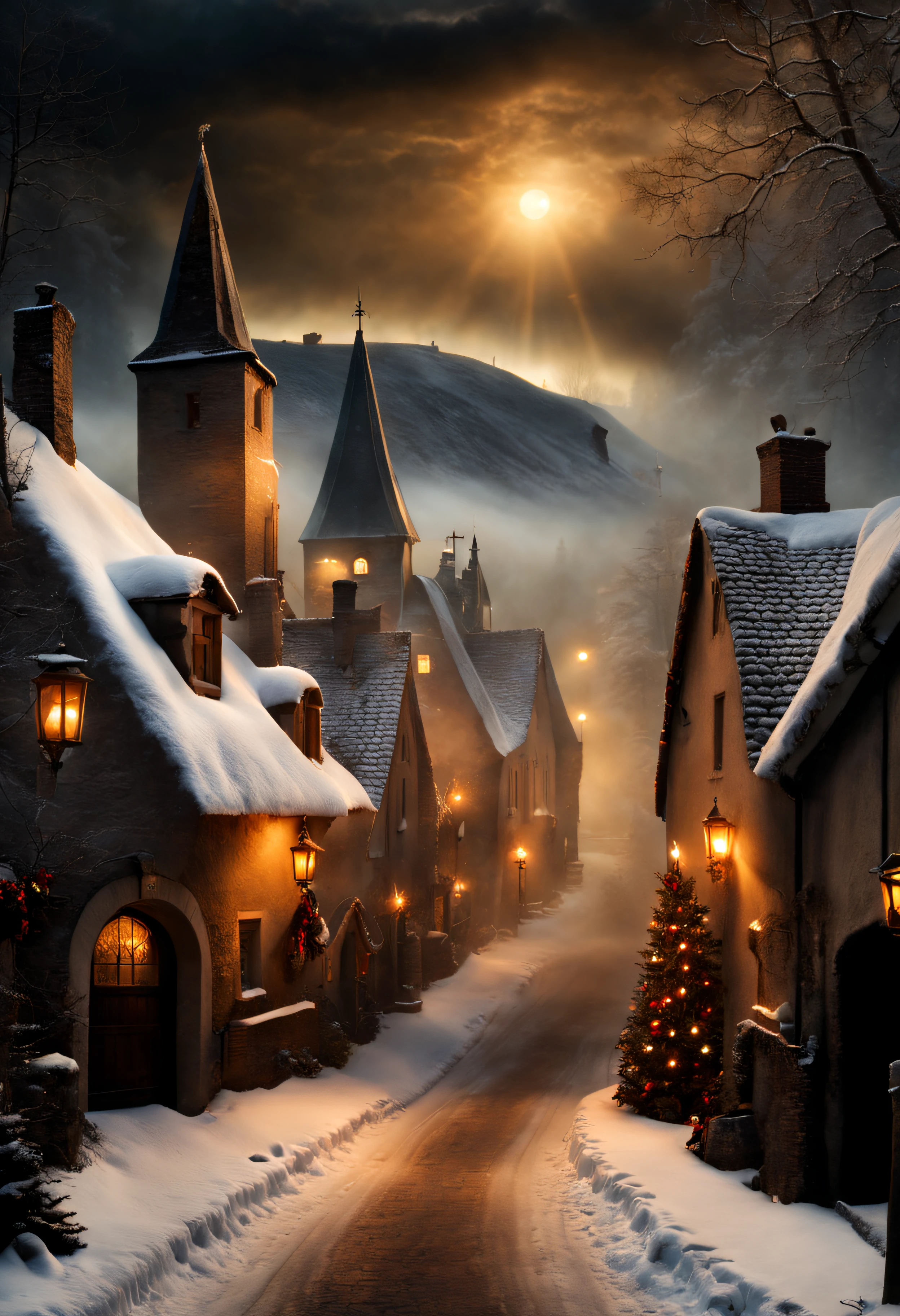 Hyperrealistic christmas landscape photo of a village covered with snow in the ethereal mist, where fairytales come alive, people singing christmas carols, christmas tree, street lanterns, few houses with illuminated windows, smokey chimneys, Trapped within the echoes of forgotten spells, A. B. Jackson, Alan Lee, vivid colors, snowy sky, sun beams, extremely high-resolution details, photographic, realism pushed to extreme, fine texture, incredibly lifelike, masterpiece, best quality, photograph, dreamlike, face focus, intricate details, sharp focus, photography, photorealism, photorealistic, 8k, soft focus, volumetric light, eldritch, (intricate details), (hyperdetailed), 8k hdr, high detailed, lot of details, high quality, soft cinematic light, dramatic atmosphere, atmospheric perspective, wide