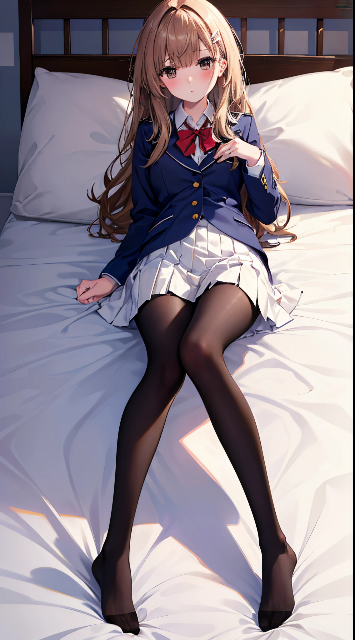 Top quality, masterpiece, insanely detailed, (Full body shot), front view, 
 symmetry, Mature Japanese high school girl, alone, (Solo: 1.3), slender legs, whole body from head to toe, from above, sitting, M-shaped legs, staring at the viewer: 1.3), small breasts, (black pantyhose): 1.2), white panties showing through the stockings, very beautiful 17 year old girl, no shoes, (Blush: 1.3), Shy big eyes, (Short (brown hairy part), (bangs), messy hair, (hair clip), lying on white sheets, looking at you: 1.3), looking at the camera, white panties visible, white lingerie, high school uniform blazer, high school uniform white blouse, high school uniform blue ribbon, high school uniform plaid and navy pleated skirt, Misaka Mikoto, brown very long hair, brown eyes