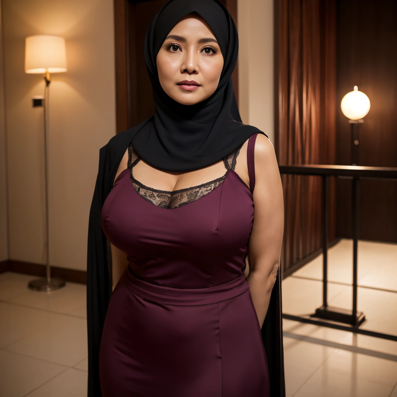 56 Years Old, Hijab Indonesian mature woman, Huge Tits : 76.9, Tight Gamis, Breast out, at doctor office, Dark light, at Nighttime