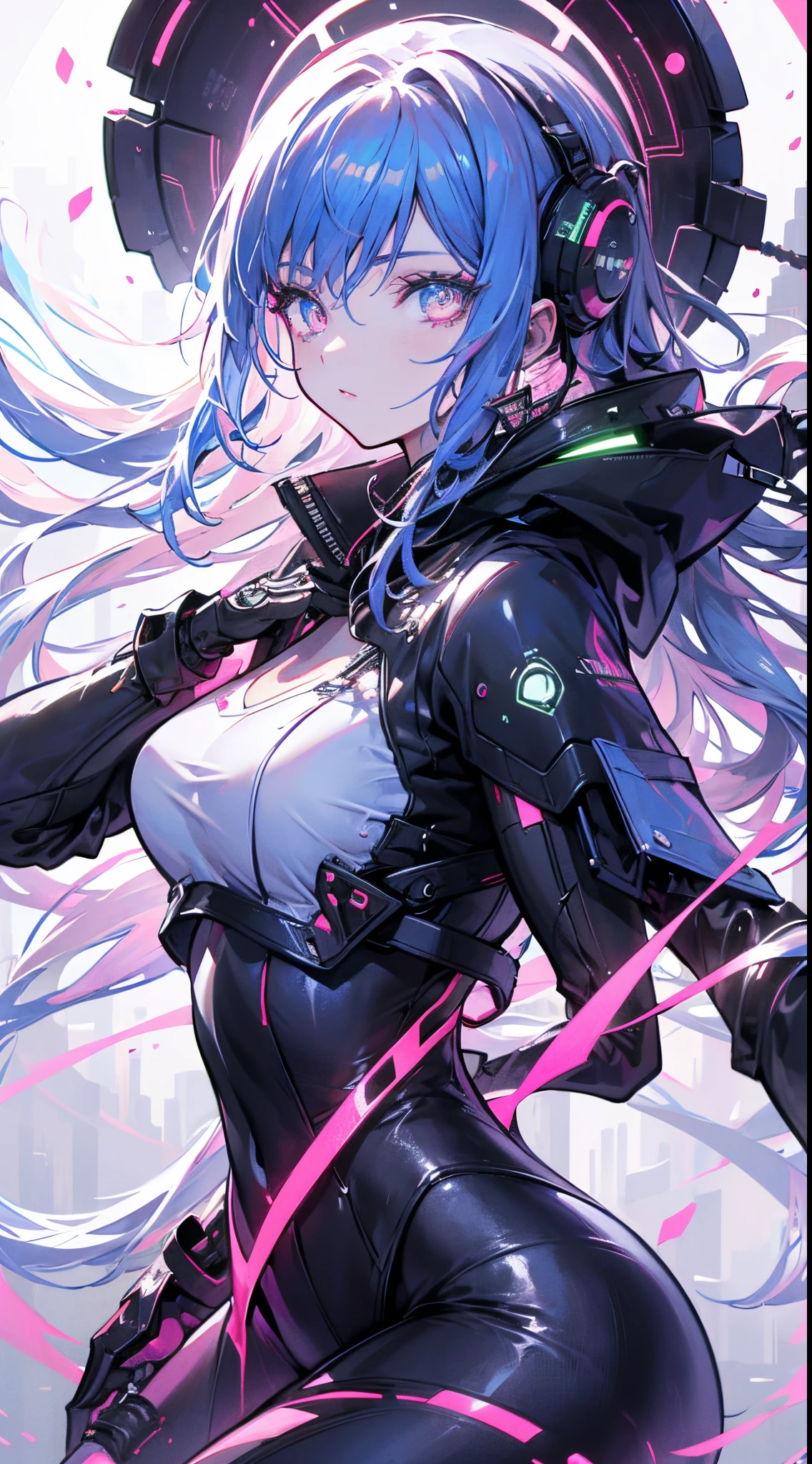 "Create a vibrant and dynamic avatar for a VTuber focused on gaming. The character should be a young adult with a stylish and futuristic gamer aesthetic. They should wear a sleek, high-tech outfit with neon accents, reminiscent of a sci-fi video game world. The avatar should have expressive facial features, bright colored hair (like blue or purple), and accessories such as headphones, gaming gloves, and a visor. The background should be an immersive, virtual gaming environment with elements like holographic screens, game icons, and vibrant lighting. The overall design should convey energy, excitement, and a passion for gaming."