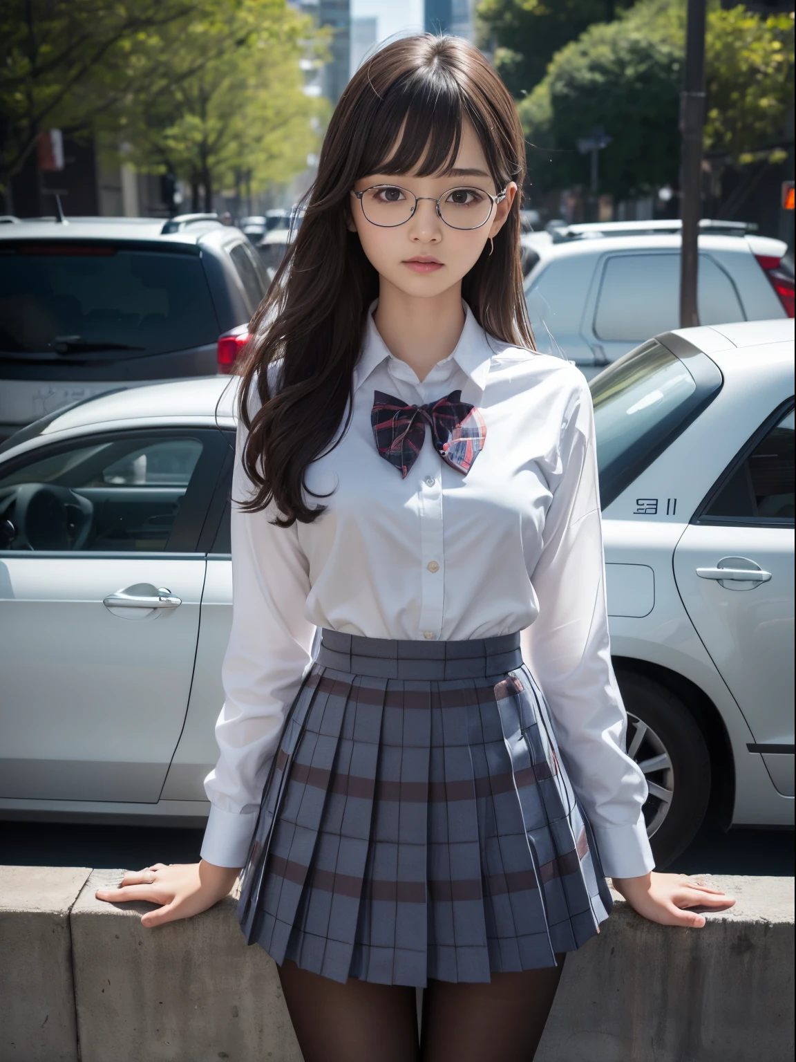 (I see underwear)、((Narrow-eyed))、((Narrow-eyed))、((Narrow-eyed))、(8K、Raw photography、top-quality、​masterpiece：1.2),、Has a small、(flat breast)、(flat breast)、(flat breast)、(flat breast)、(flat breast)、(being thin)、light skinned、skin whitening、Dark look、Rasping,glamor,Chromo-white skin,cocky,School,watching at viewers,Looking at the front,Muchimuchi,High-pitched clothing,Erotic,Pupils,de pele branca,kne,((Black pantyhose)),absurderes,a small face,,Forehead visible,Bangs hanging from the left and right sides of the forehead,(a cold expression,Tight eyes,glares,Bullish,irate)、​masterpiece,top-quality、超A high resolution,Raw photo,ren,Beautiful fece,One Person, 独奏,eye glass,,Dark look,Small breasts,fullllbody,Round glasses,JK school uniform,hi-school girl,A Japanese Lady, Standing,（Photorealsitic：1.37）、Photon mapping,Realistic、Beautie,Cute little face,Brown-eyed、Black socks、(Red bow tie)、Radio City、Physically Based Rendering、depth of field rally background、a picture,Body,beauty legs, Long legs, Thin leg,(Bangs are visible), hair, s lips, Blue_The eye, nosesoft,(Light blue shirt), (Navy and blue and white plaid pleated skirt), Knees are visible,Sheer clothing,, Thigh, Black cotton socks,Nogizaka Idol, , Japanese ido