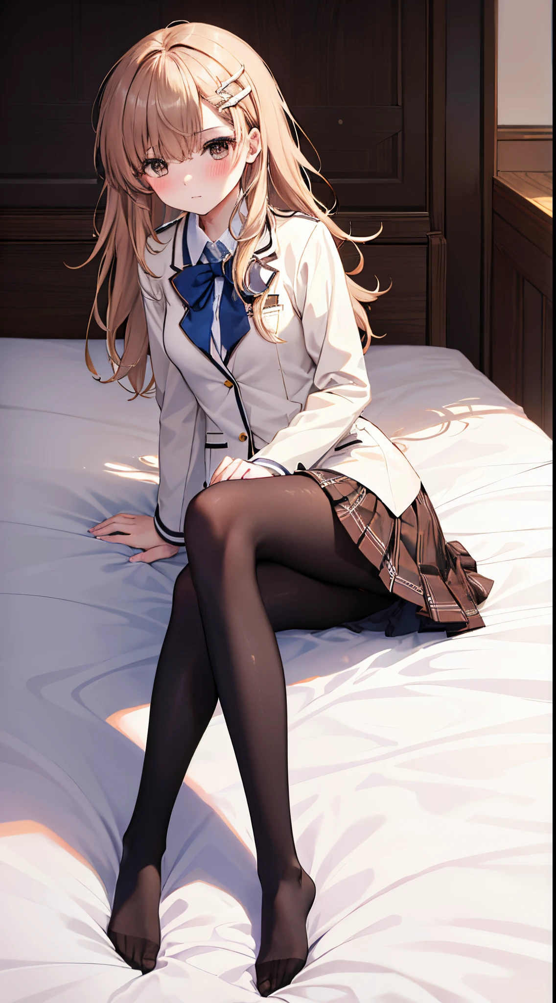 Top quality, masterpiece, insanely detailed, (Full body shot), front view, 
 symmetry, Mature Japanese high school girl, alone, (Solo: 1.3), slender legs, whole body from head to toe, from above, sitting, M-shaped legs, staring at the viewer: 1.3), small breasts, (black pantyhose): 1.2), white panties showing through the stockings, very beautiful 17 year old girl, no shoes, (Blush: 1.3), Shy big eyes, (Short (brown hairy part), (bangs), messy hair, (hair clip), lying on white sheets, looking at you: 1.3), looking at the camera, white panties visible, white lingerie, high school uniform blazer, high school uniform white blouse, high school uniform blue ribbon, high school uniform plaid and navy pleated skirt, Misaka Mikoto, brown very long hair, brown eyes