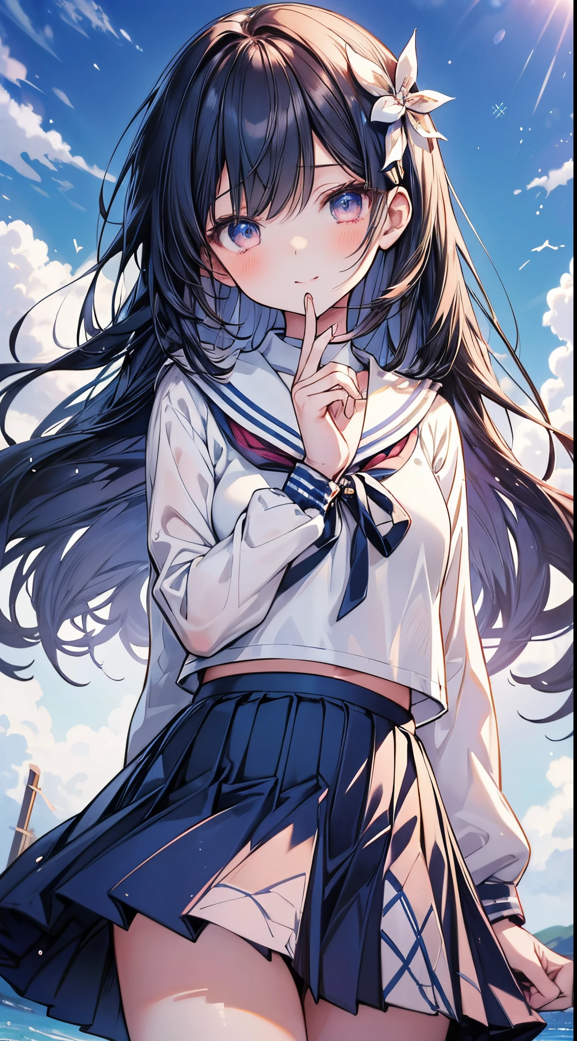 (masutepiece ,Best Quality,Insanely detailed), 1 Cute Pure Girl,Innocent smile,serafuku,Blue collar,Navy pleated skirt,From below,Blue sky,white clouds,Summer sunshine,detailed and beautiful eyes,Twinkle Eyes,Glossy lips,  Perfect Anatomy , Perfect five fingers,Attractive,amazing, Super Fine Age