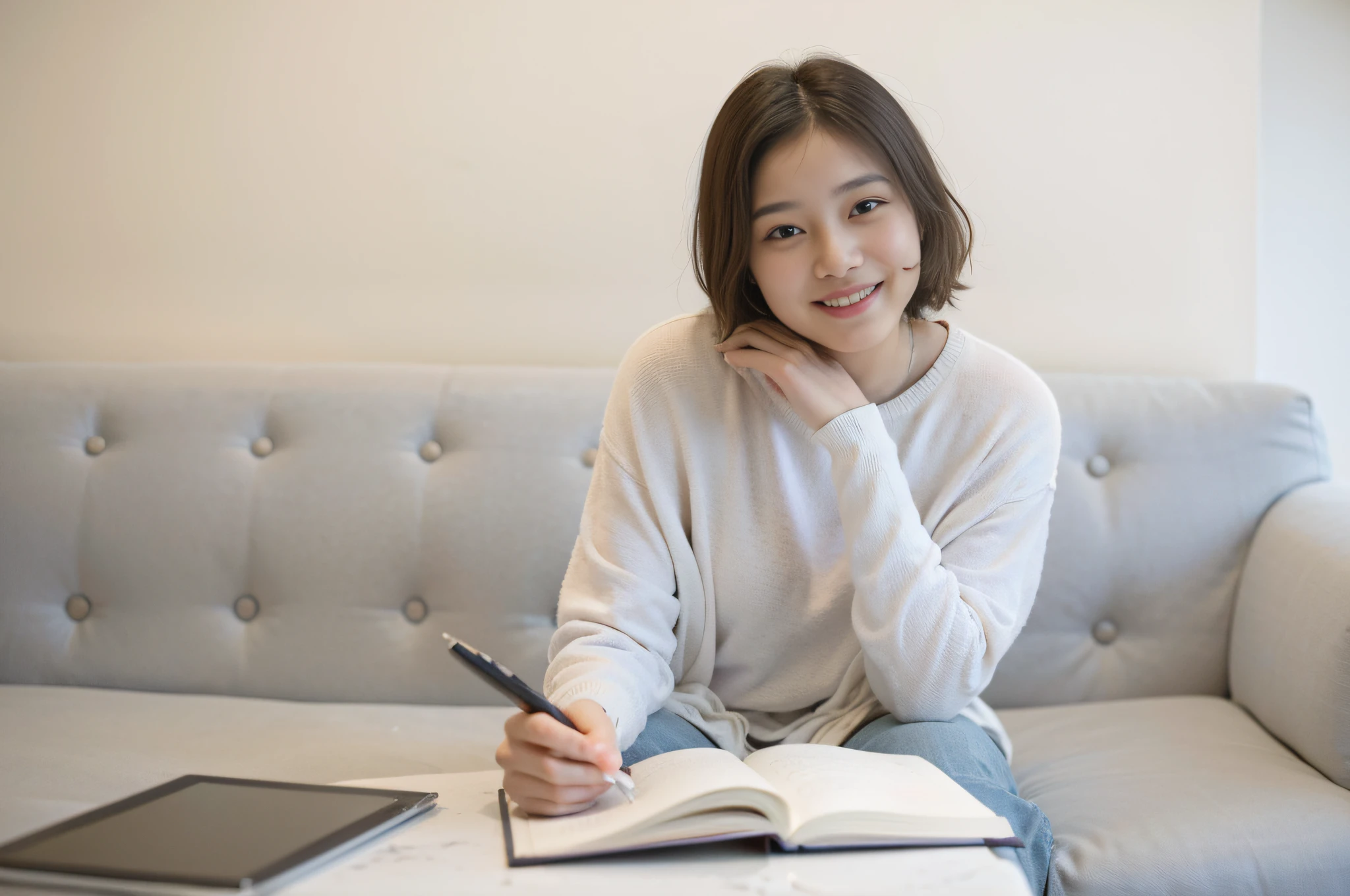 woman sitting on a couch with a book and a pen, studyng in bedroom, a young asian woman, studying in a brightly lit room, bright boobs, bright breast, writing in journal, photo of young woman, art student, full subject shown in photo, young asian woman, mid shot portrait, young asian girl, portrait shot, an artistic pose, subject smiling, sat at a desk