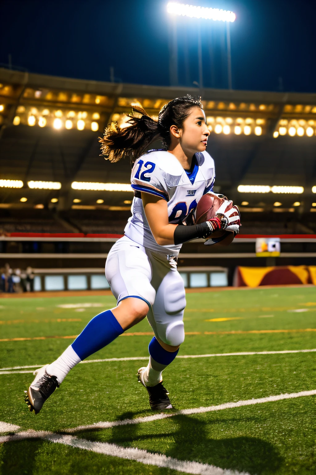 a woman playing american football, (wearing football_uniform:1.3), 
good hand,4k, high-res, masterpiece, best quality, head:1.3,((Hasselblad photography)), finely detailed skin, sharp focus, (cinematic lighting), night, soft lighting, dynamic angle, [:(detailed face:1.2):0.2],(((inside_stadium))),