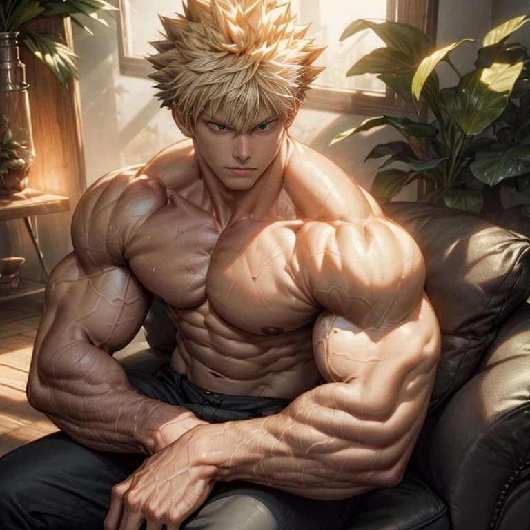 (best quality,4k,8k,highres,masterpiece:1.2),ultra-detailed,realistic:1.37,Bakugou Katsuki sitting inside a terrarium,open beige shirt,looking at viewer,full body,detailed handsome face,muscular body,abs and pecs,sharp focus,vivid colors,glass enclosure,plants and mosses surrounding him,relaxed personality,strong gaze,powerful posture,intense lighting,captivating calm expression,lively and epic scene,heroic aura,stylized background,striking visual impact,determined appearance,fashionable clothing,meticulously rendered details,muscle definition emphasized,impressive physique,attention-grabbing presence,warm and vibrant color palette,dramatic shadows and highlights,underlying sense of power