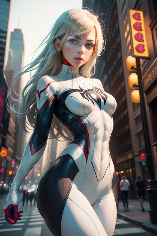 Female Spider-Man Gwen,White suit,Black spider symbol,Ballet Shoes,Golden ratio body, Flexible body,Calm expression,New York City at night,Handsome gestures,heroism,majestic appearance,8 Pack Abs