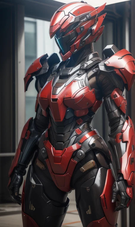 Textured skin, Super Detail, high details, High quality, Best Quality, hight resolution, 1080p, hard disk, Beautiful,(War Machine),beautiful cyborg woman,red and black mecha cyborg girl,Battle Mode,Girl with a Mecha Body(armor red 7、black 3 ratio),She wears a futuristic war machine weapon mech、Very Shorthair、Brown eyes、Sweaty face、Frightened look、　Opening Mouth　sexy eye　Steam from the head　don&#39;t show your hair