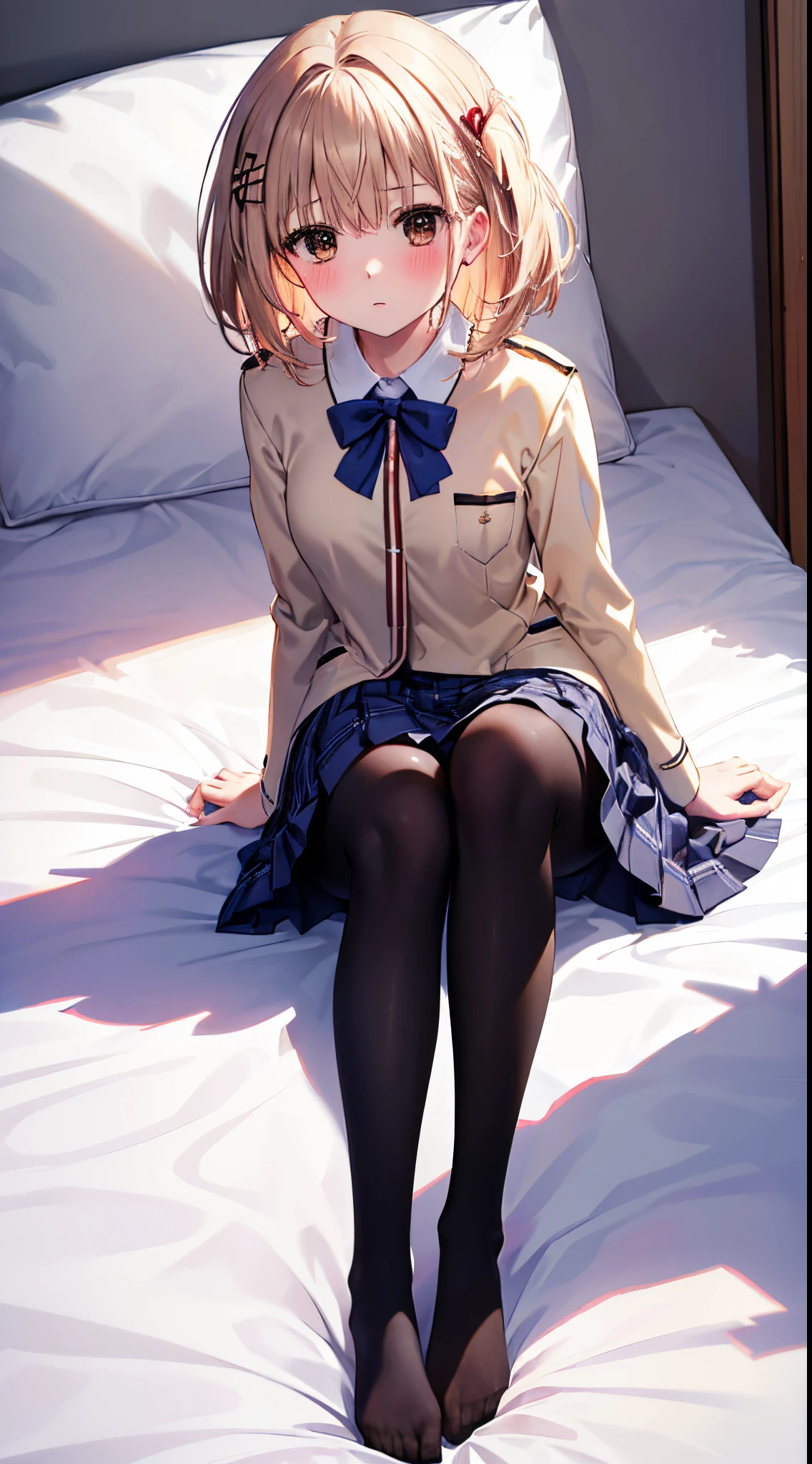 Top quality, masterpiece, insanely detailed, (Full body shot), front view, 
 symmetry, Mature Japanese high school girl, alone, (Solo: 1.3), slender legs, whole body from head to toe, from above, sitting, M-shaped legs, staring at the viewer: 1.3), small breasts, (black pantyhose): 1.2), white panties showing through the stockings, very beautiful 17 year old girl, no shoes, (Blush: 1.3), Shy big eyes, (Short (brown hairy part), (bangs), messy hair, (hair clip), lying on white sheets, looking at you: 1.3), looking at the camera, white panties visible, white lingerie, high school uniform blazer, high school uniform white blouse, high school uniform blue ribbon, high school uniform plaid and navy pleated skirt, Misaka Mikoto, brown very long hair, brown eyes