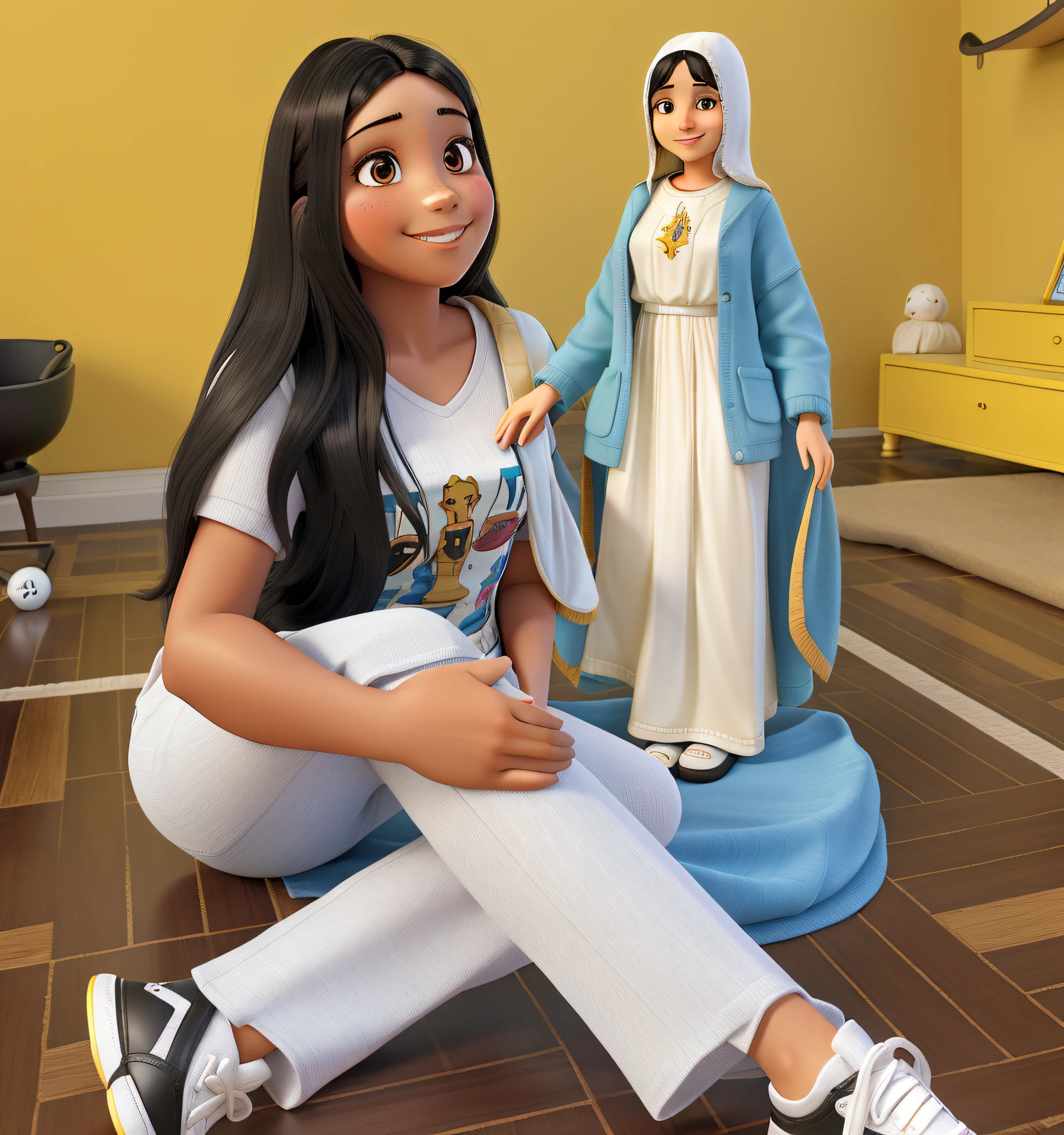 uma menina com cabelo preto, morena, sentado com as pernas cruzadas, ao lado de uma imagem de Santa Maria, mother of Jesus Christ. The girl is happy and smiling.
