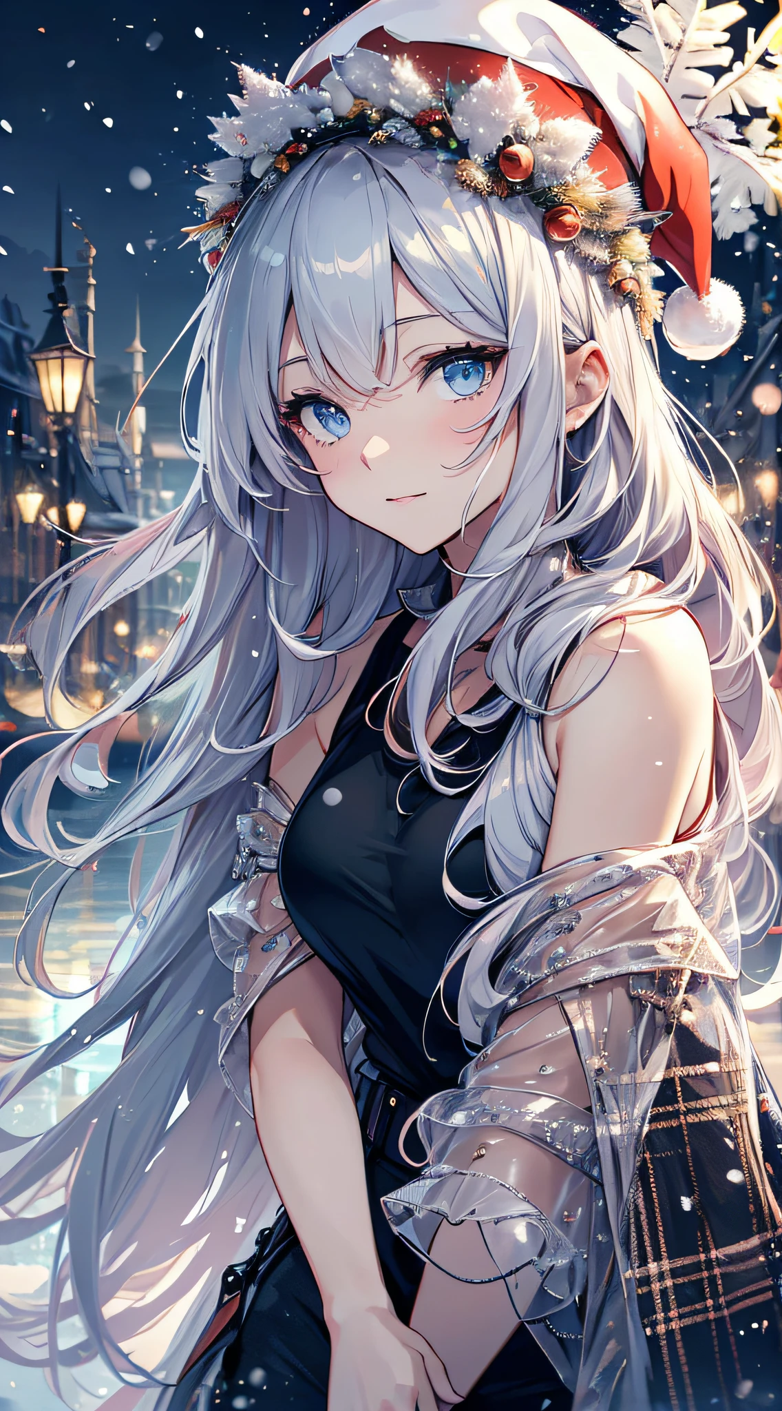 top-quality、Top image quality、masterpiece、s girl((Long coat in black、Black tank top、black trousers、Santa's Hat、18year old、 Ager、Best Bust、big bast,Beautiful light blue eyes, Long silver hair、A slender,Large valleys、dye one's cheeks red、White breath、Reflecting the whole body、dye one's cheeks red、A slight smil、Gentle face、Shining eyes、Leaning forward)),hiquality、Beautiful Art、Background with(( A quiet city at night、Beautiful road、snowflakes falling、Heavy snow falls、snowman、 A world where snow piles up、Christmas tree、chies)))、masutepiece、depth of fields,