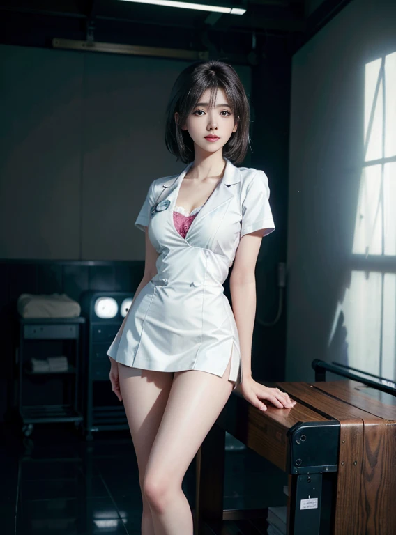 Photorealistic beautiful doctor、stunningly beautiful、doctors white coat, Doctor Fashion、(top-quality、8K、32K、masterpiece、nffsw:1.3)、超A high resolution,(Photorealsitic:1.4),Raw photography, Detailed face,,Beautiful short hair, ((Doctor Style)), , tight skirts、 Natural makeup, Breast cleavage, medium full breasted、inside hospital, Detailed background, Perfect Lighting, depth of fields, Beautiful shadow gradient,stethoscope , (((fullllbody))), Full body capture, fullllbody, Legs wide open, Open legs, Black pubic hair, look to the camera, Eye for detail, Beautiful eyes,