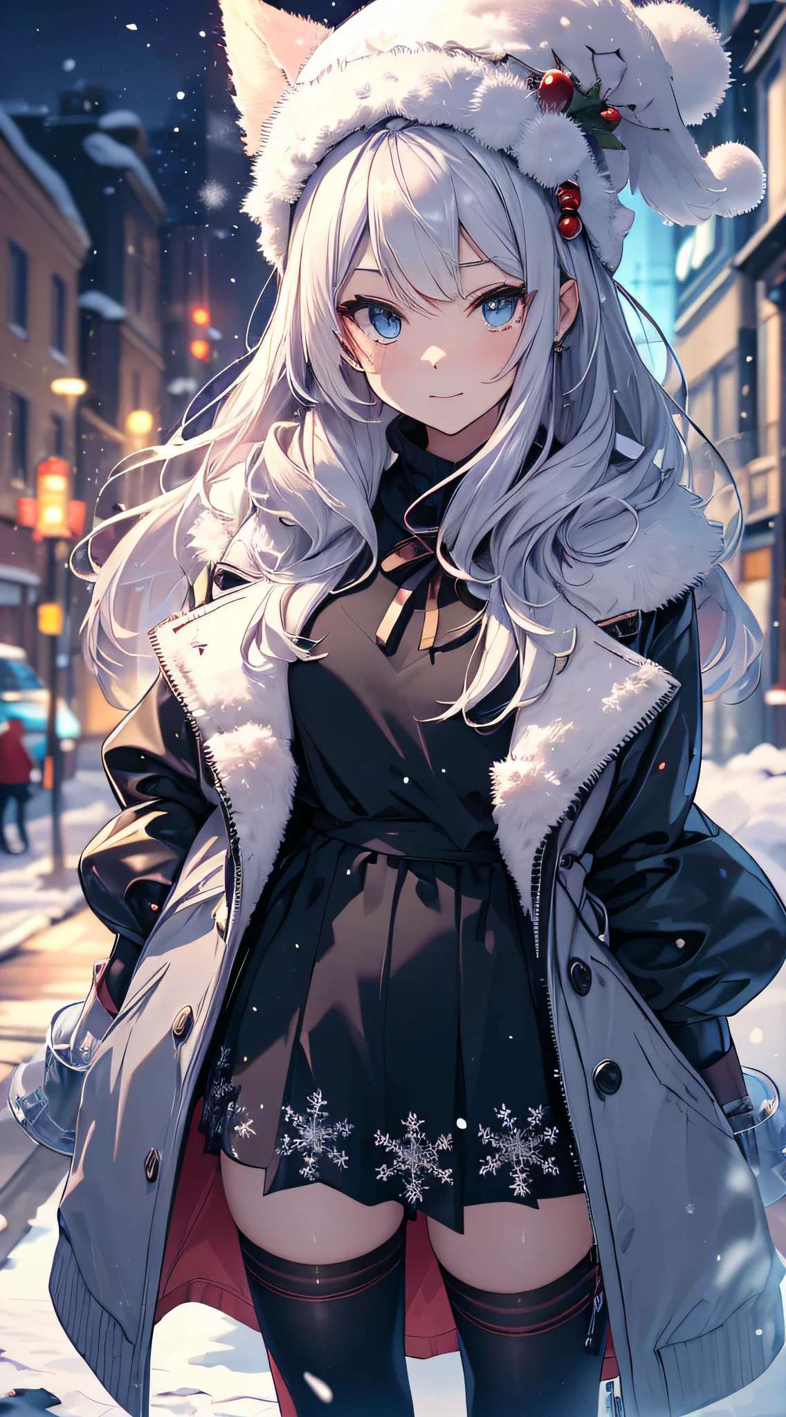 top-quality、Top image quality、masterpiece、teens girl((Long coat in black、Black tank top、black trousers、Santa's Hat、18year old、 Ager、Best Bust、big bast,Beautiful light blue eyes, Long silver hair、A slender,Large valleys、dye one's cheeks red、White breath、Reflecting the whole body、dye one's cheeks red、A slight smil、Gentle face、Shining eyes、Leaning forward)),hiquality、Beautiful Art、Background with(( A quiet city at night、Beautiful road、snowflakes falling、Heavy snow falls、snowman、 A world where snow piles up、Christmas tree、chies)))、masutepiece、depth of fields,