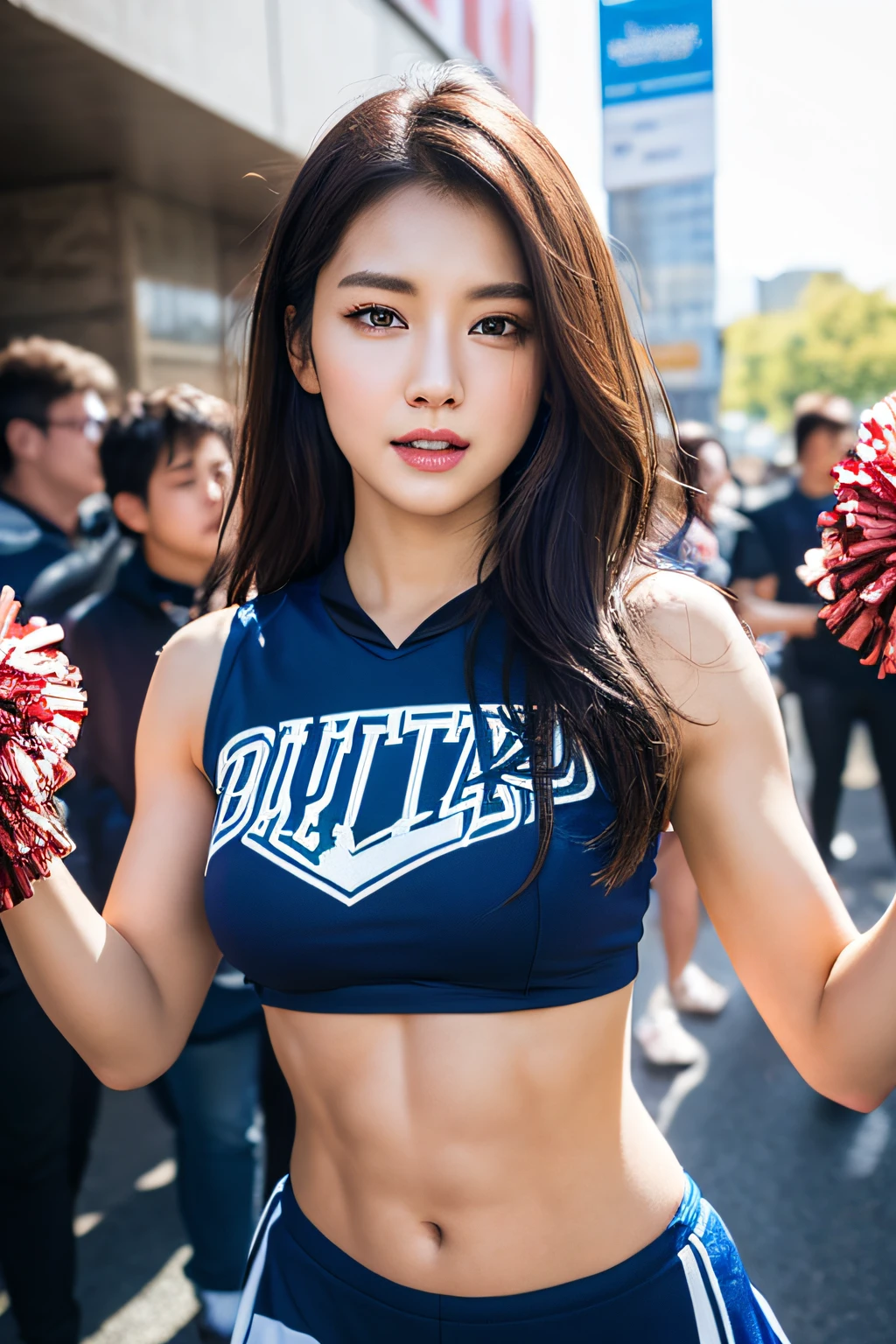 Highly detailed CG Unity 8k wallpaper, top quality, super detailed, masterpiece, realistic, photorealistic, very detailed cute girl, 25 years old, (muscular), abs, round eyes, viewer, blush, parted lips, semi-body shot, (cheerleader) , park , pantie shot