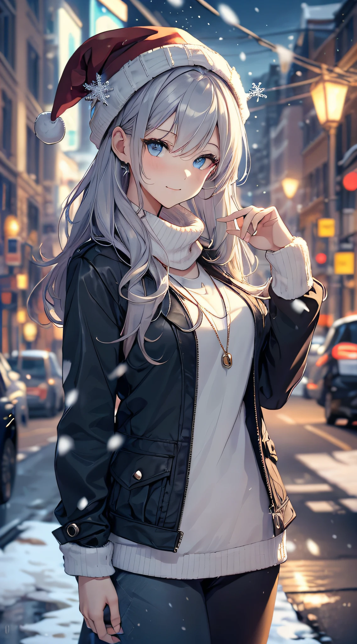 top-quality、Top image quality、masterpiece、teens girl((Long coat in black、Black tank top、black trousers、Santa's Hat、18year old、 Ager、Best Bust、big bast,Beautiful light blue eyes, Long silver hair、A slender,Large valleys、dye one's cheeks red、White breath、Reflecting the whole body、dye one's cheeks red、A slight smil、Gentle face、Shining eyes、Leaning forward)),hiquality、Beautiful Art、Background with(( A quiet city at night、Beautiful road、snowflakes falling、Heavy snow falls、snowman、 A world where snow piles up、Christmas tree、chies)))、masutepiece、depth of fields,