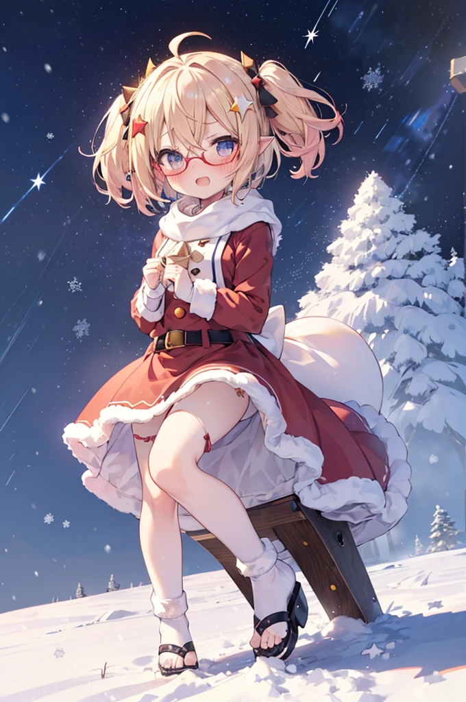 ultra detailed, best quality, high resolution, ((8k)), ((1girl)), pale skin, petite, (blonde hair), (very short hair), (ahoge:1.4), (glasses), pointy ears, (blush:1.5), blue eyes, medium breasts, light smile, ((santa costume)), ((snowing:1.5)), (windy:1.5), ((star night:1.5)), ((powder light:1.5)), (full body), open mouth, (reindeer), ((ride on a sled)), ((chibi:1.3)), ((short twin tails)), ((panty shot)), ((striped red panty)), ((frilled panty)), (hugging own leg)