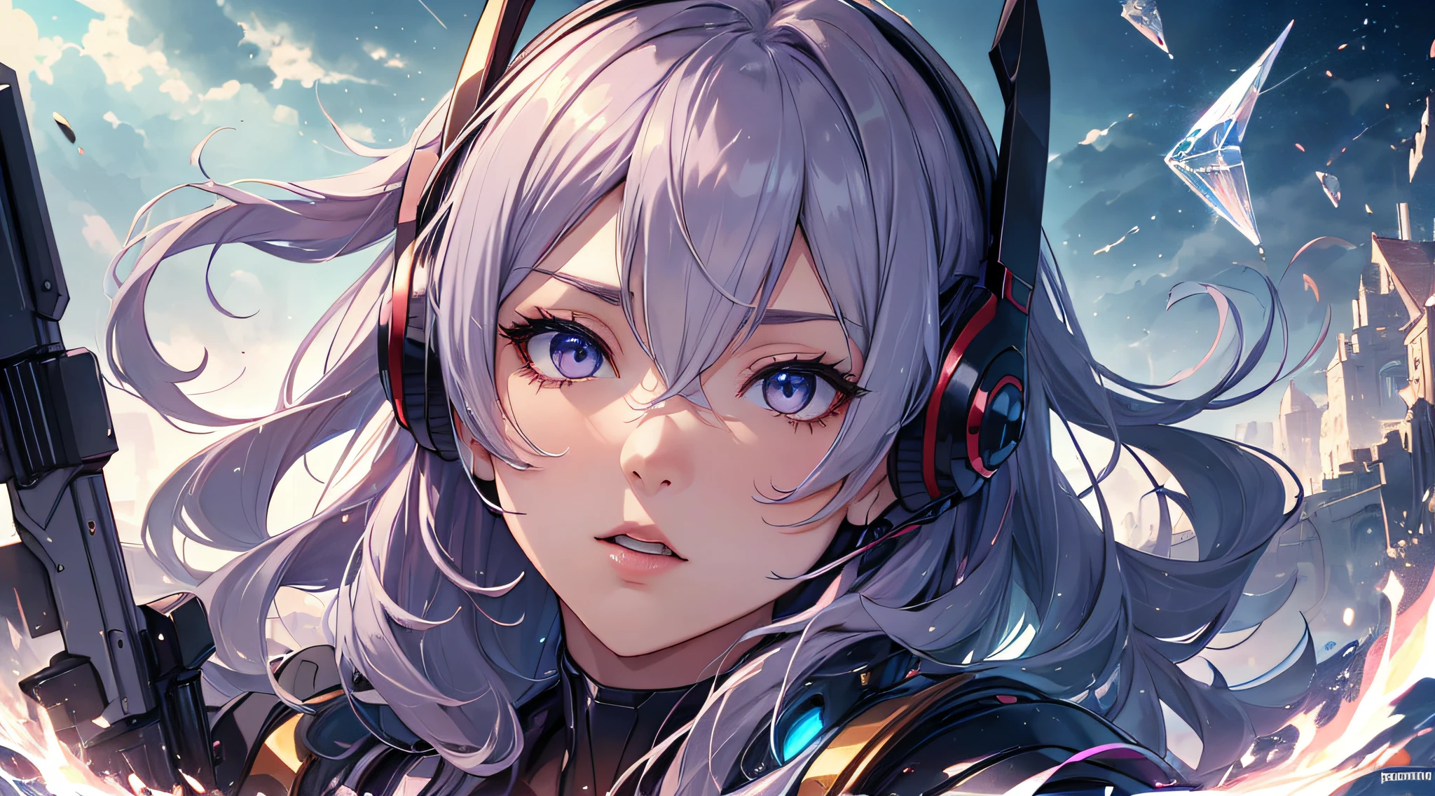 top-quality、Top image quality、masterpiece、girl with((black mecha suit、Shining gold mech suit、18year old、 Ager、cute little、Best Bust、big bast,Beautifully shining purple eyes open wide, red and blue hair、Longhaire、A slender,big moves in volleyball,headphones、Niō Standing)),hiquality、Beautiful Art、Background with((A world of shining galaxies)))、Depth((UFO)),masutepiece、depth of fields,Cinematic style