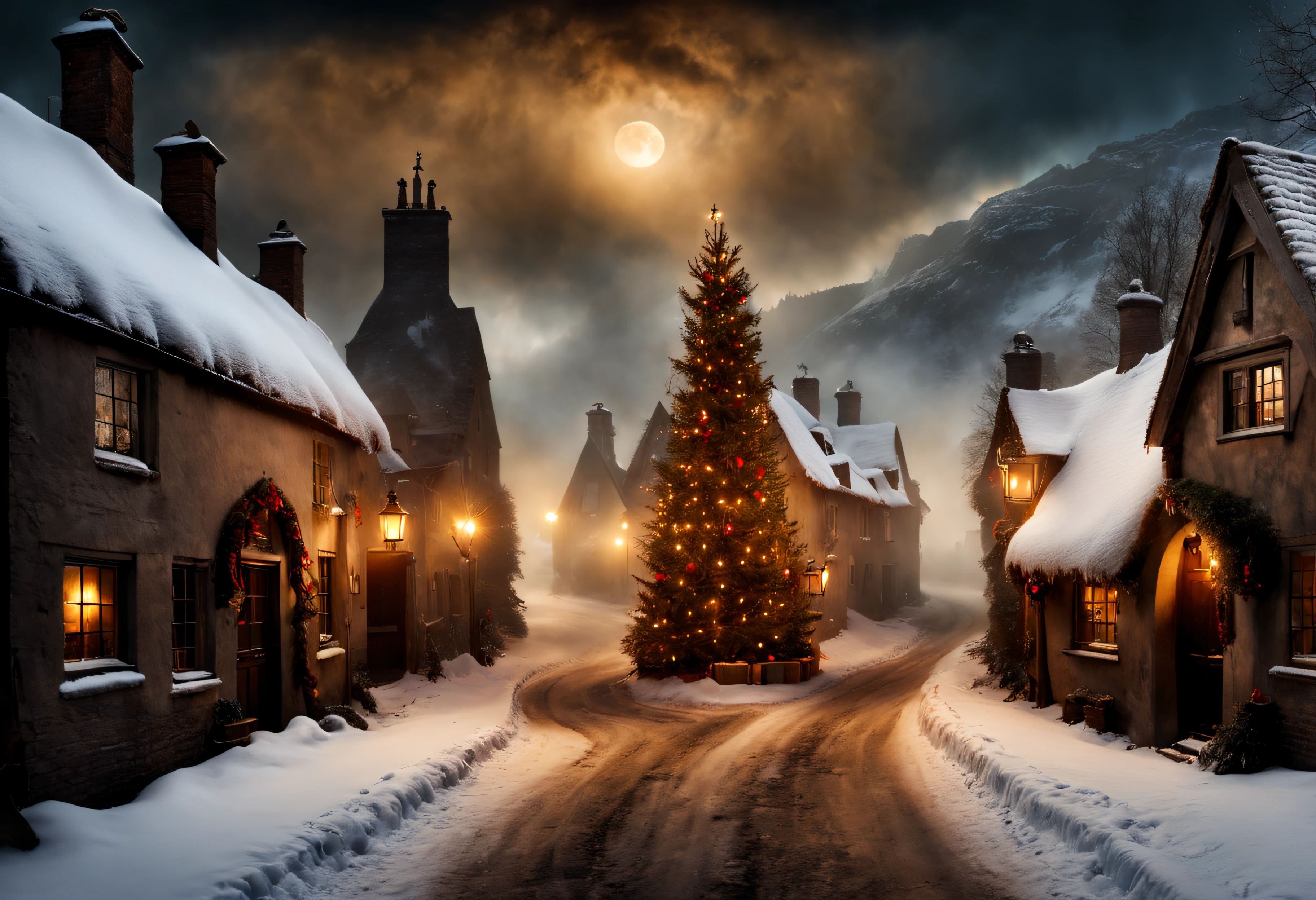 Hyperrealistic christmas landscape photo of a village covered with snow in the ethereal mist, where fairytales come alive, people singing christmas carols, christmas tree, street lanterns, few houses with illuminated windows, smokey chimneys, Trapped within the echoes of forgotten spells, A. B. Jackson, Alan Lee, vivid colors, snowy sky, sun beams, extremely high-resolution details, photographic, realism pushed to extreme, fine texture, incredibly lifelike, masterpiece, best quality, photograph, dreamlike, face focus, intricate details, sharp focus, photography, photorealism, photorealistic, 8k, soft focus, volumetric light, eldritch, (intricate details), (hyperdetailed), 8k hdr, high detailed, lot of details, high quality, soft cinematic light, dramatic atmosphere, atmospheric perspective, wide