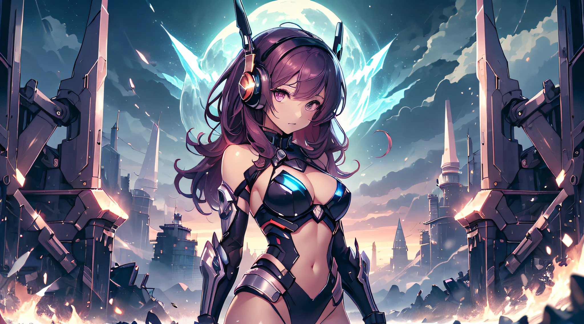 top-quality、Top image quality、masterpiece、girl with((black mecha suit、Shining gold mech suit、18year old、 Ager、cute little、Best Bust、big bast,Beautifully shining purple eyes open wide, red and blue hair、Longhaire、A slender,big moves in volleyball,headphones、Niō Standing)),hiquality、Beautiful Art、Background with((A world of shining galaxies)))、Depth((UFO)),masutepiece、depth of fields,Cinematic style