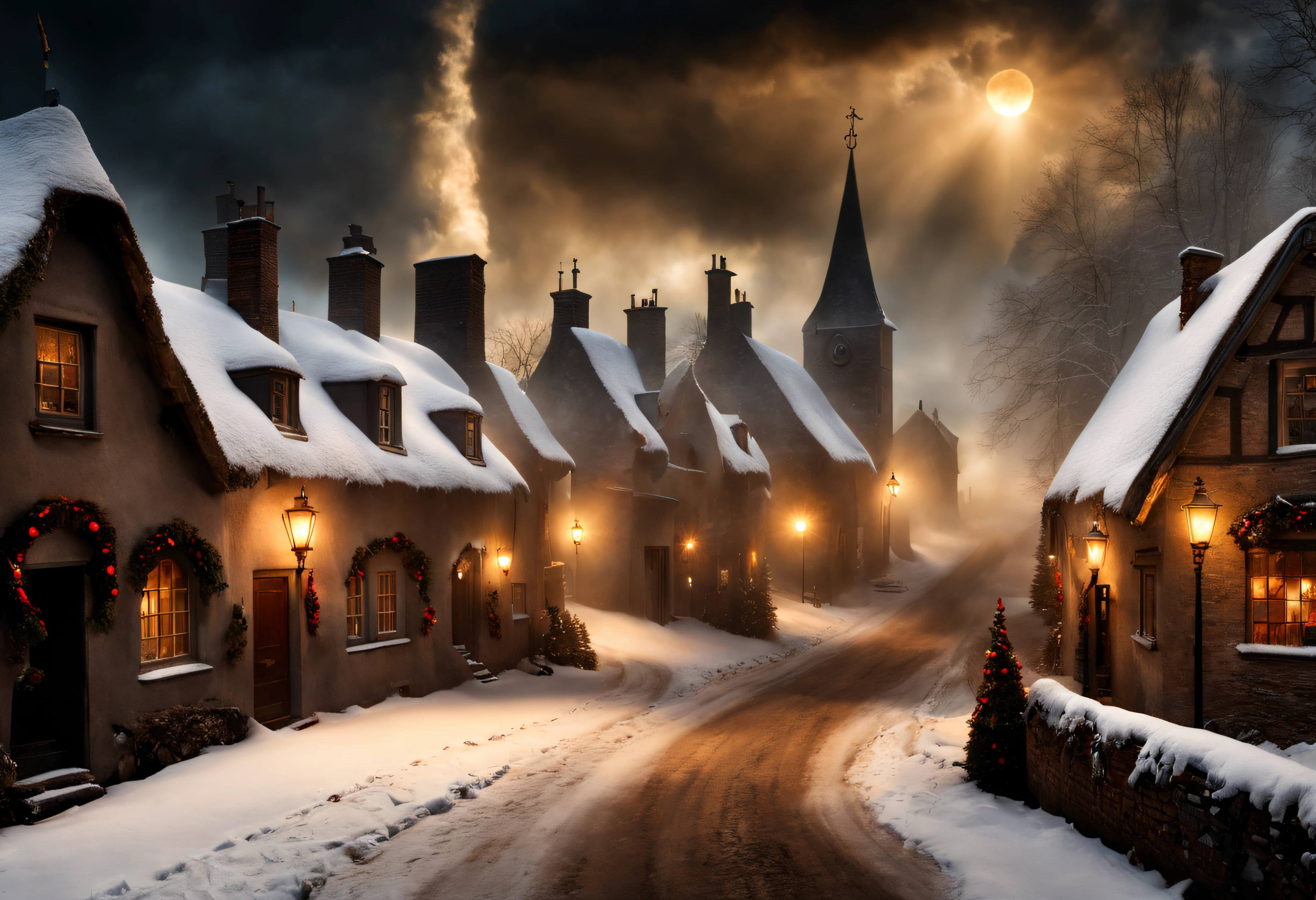 Hyperrealistic christmas landscape photo of a village covered with snow in the ethereal mist, where fairytales come alive, people singing christmas carols, christmas tree, street lanterns, few houses with illuminated windows, smokey chimneys, Trapped within the echoes of forgotten spells, A. B. Jackson, Alan Lee, vivid colors, snowy sky, sun beams, extremely high-resolution details, photographic, realism pushed to extreme, fine texture, incredibly lifelike, masterpiece, best quality, photograph, dreamlike, face focus, intricate details, sharp focus, photography, photorealism, photorealistic, 8k, soft focus, volumetric light, eldritch, (intricate details), (hyperdetailed), 8k hdr, high detailed, lot of details, high quality, soft cinematic light, dramatic atmosphere, atmospheric perspective, wide