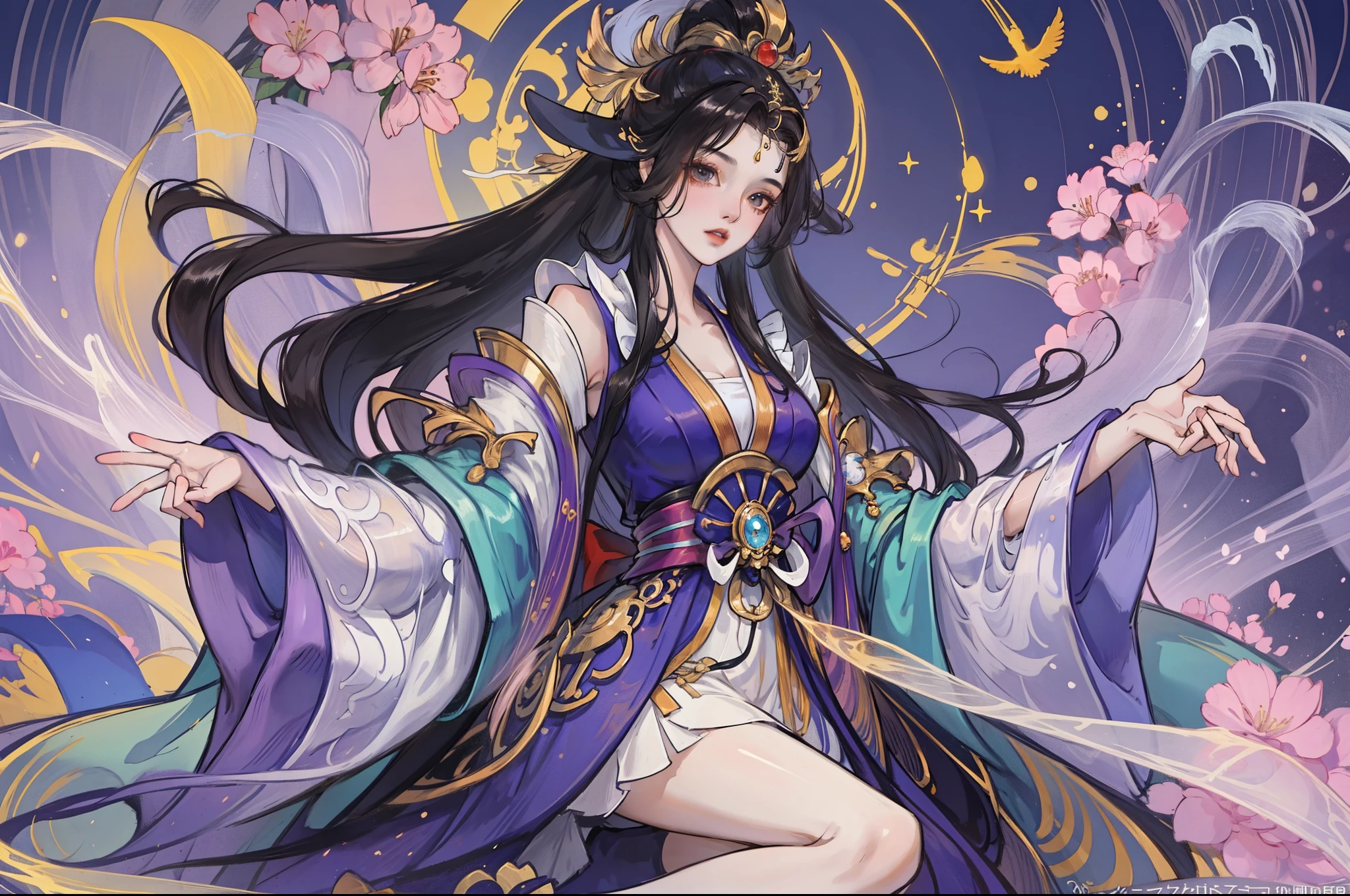 Long hair and pink purple dress anime girl, Onmyoji detailed art, a beautiful fantasy empress, xianxia fantasy, ((a beautiful fantasy empress)), Anime fantasy illustration, full-body xianxia,Bigchest,low chest,Birds surround you,nine tail fox,The fox's tail is behind him,seductiv,A sexy pose,Most of the leaks