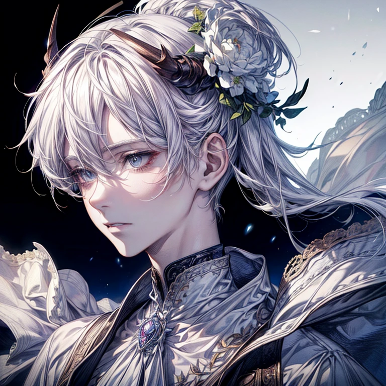 (masterpiece,High quality,Top quality,super detail, best quality ,),1 male,beautiful face,short white hair,skin details,horns on head,Wearing white clothing,2d,handsome,Background details,