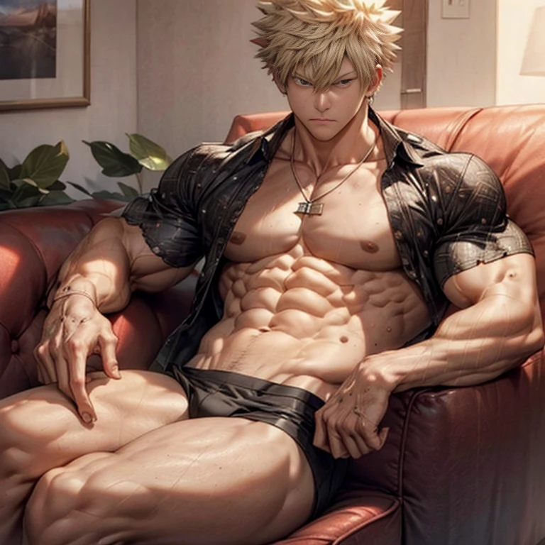 Muscular buff Bakugou Katsuki sitting in a sofa legs spread, sitting upright, looking at the viewer with disdain, open shirt with abs and chest visible, necklace, (detailed:2) masterpiece:1.2