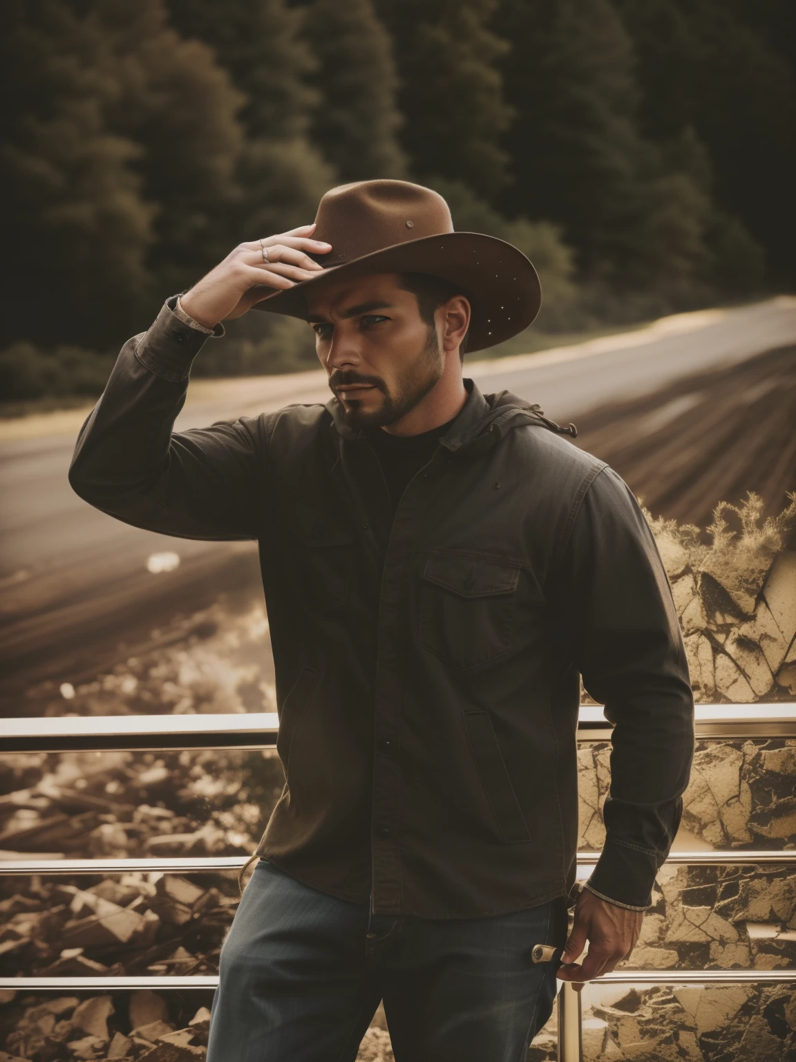 full body shot,(35mmstyle:1.1),analog style,masterpiece,raw,of a (cowboy man:1.10),(detailed eyes:1.10),Exaggeration,Dark Aesthetic,Nostalgiacore,Backlight,light rays magical lighting beams,dust in beam,moody lighting,dark color,Dark Aesthetic,'dark,ominous,haunting,forboding,gloomy,stormy,sinister,shadowy,harrowing',detailed eyes,high detail,realistic,detailed face,insane detail,cinematic shot,cinematic light,strong wind,dynamic pose,RAW,canon r6,wide shot,sharp,dramatic lights,dark,film grain,HDR,realistic skin, pores on skin,depth of field