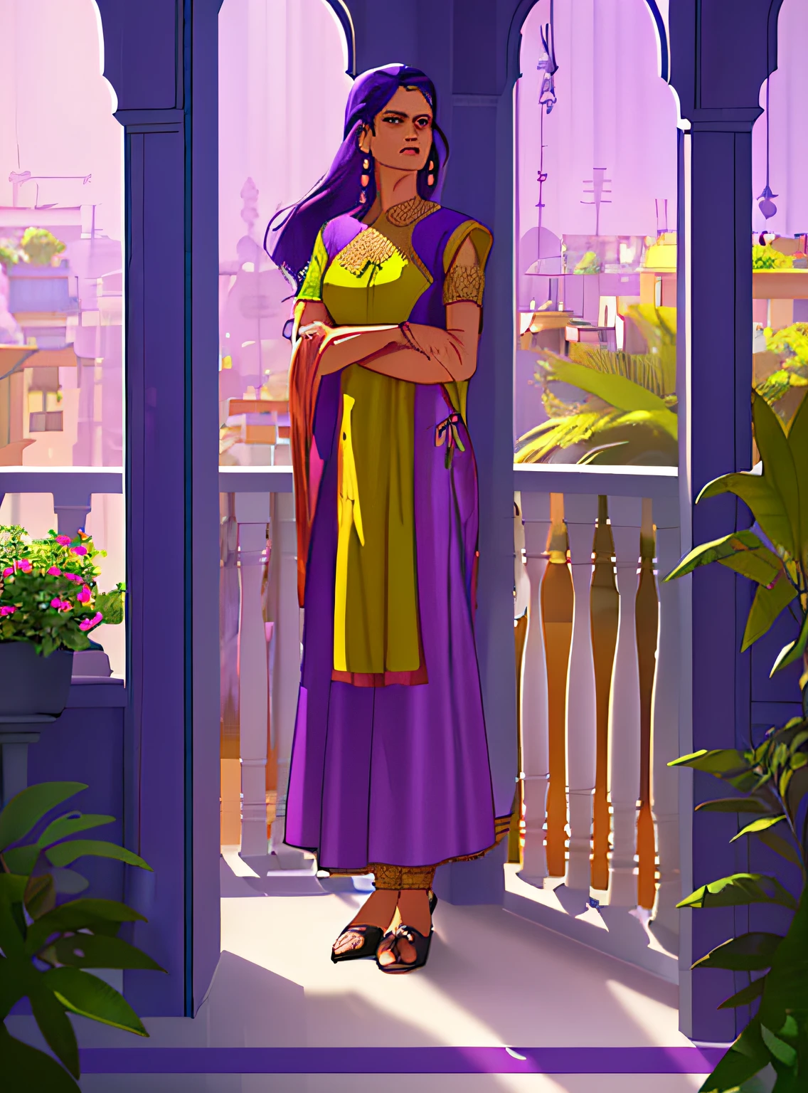 A woman standing on balcony, wearing purple salwar kameez, low angle shot, hands on the railing, trees, plants, side lighting, warm colors, vibrant colors, surrounded by plants, hdr, 4k, 8k, digital art, magnificent, shot from outside, standing on 2nd floor balcony