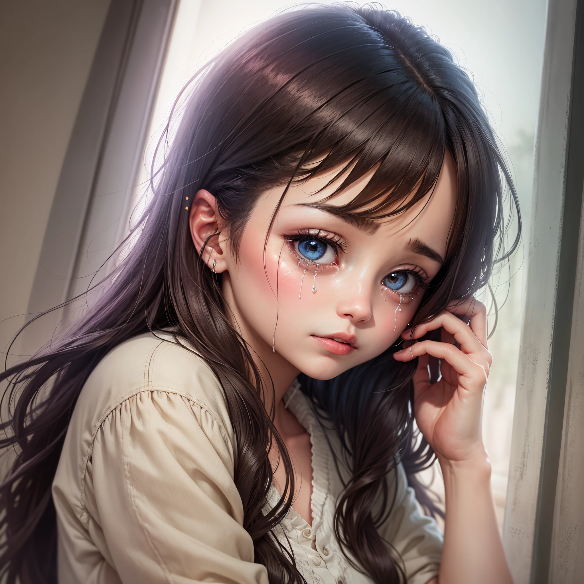 girl close to windows, night with moon outside, the girl crying with sadness and longing, tears run down your face --auto --s2