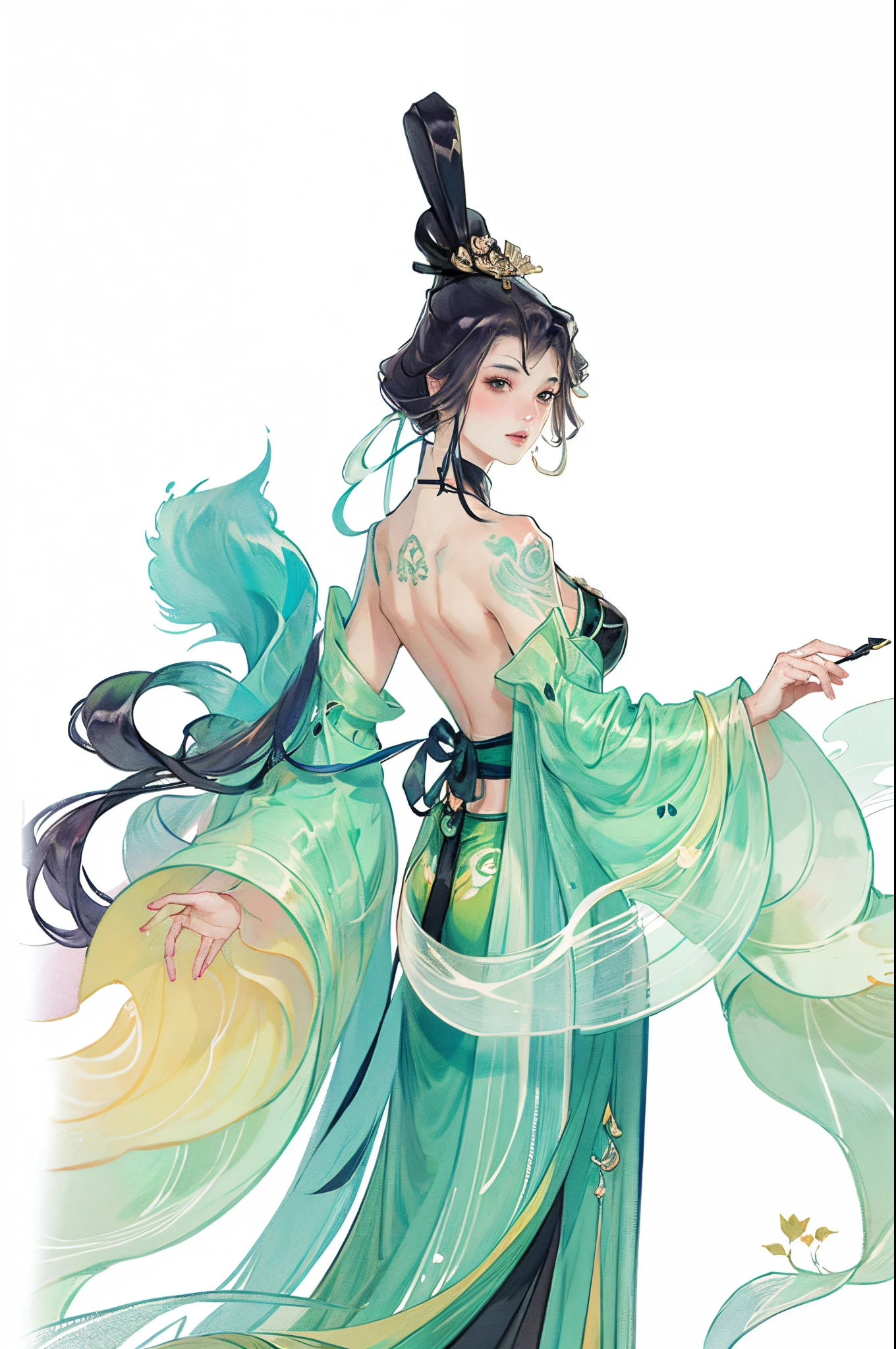 There  a woman's back in ancient China, back of head，(Alone)，(Bare back tattoo)，beautidful eyes，Detailed faces，like a dream, green and pink flowers, Ukiyo-style, Works of art in the style of Guwitz, Guviz, Alphonse Mucha and Rose Drews, A beautiful artistic illustration, author：Li Song, author：heroes, author：Zou Zhe, by Zeng Jing, by Ye Xin, author：Shitao, author：Zhou Fang, korean art nouveau anime，Colorful，The colors are bright and bright，Vibrant digital illustration，（clean backdrop），Ink painting style，clean color，Decisive cuts，the space，tmasterpiece， Super refined，Epic work，high high quality，Best quality，4K