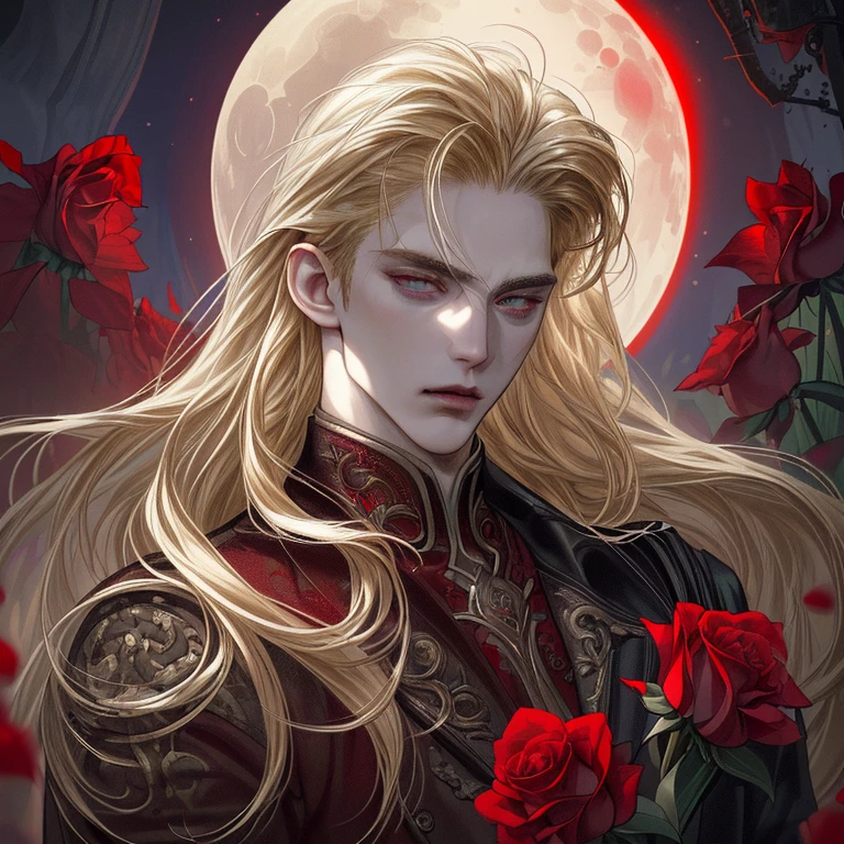 masterpiece, highest quality, (solo focus), (perfect face:1.1), (high detail:1.1), (hyper detailed eyes), dramatic, 1guy, (Pale skin), long blonde hair, (red irises), individual focus, Vampire, long hair, moon, night, Red luxury suit, pouty lips, castle, detailed background, art by artgerm, cinematic lighting, red roses, fashion