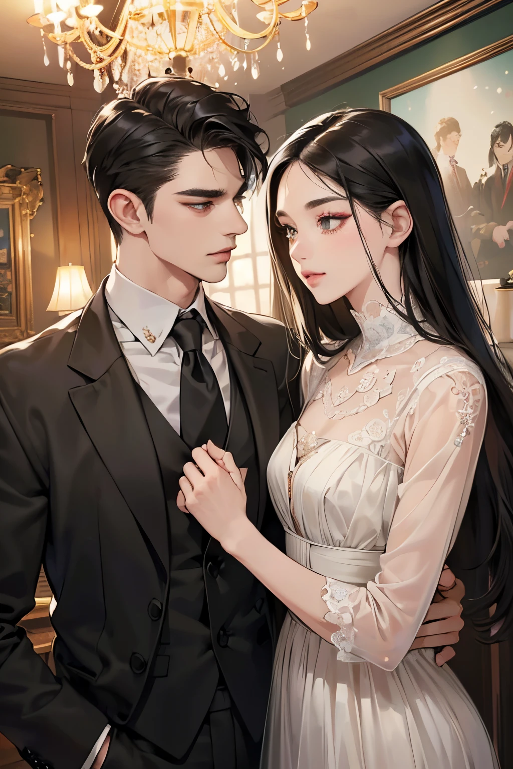 (masutepiece, Digital Art, Digital Illustration, 4K, 8K, Ultra-detailed, beautiful image, Sharp Image, Photorealistic, Raw photo, Perfect face, Perfect lines, Perfect eyes, Soft lighting) 1 woman, (Long Black Hair,straight haired,Bullish gaze,Beautie,Woman in suit,Solid makeup,23 y-o woman,small tits:1.3),Secretary, Two handsome men in suits, (ember,Men in suits,well-muscled,Firm shoulder width, Man's,Boyish hairstyle,English gentlemanly style,Man in his 30s with a cool expression,28-year-old man with bright smile:1.2),Office scene at night,Antique furnishings,Antique Clamps,Antique chair,chandeliers,Parti、a couple、couple kissing、kiss、the kiss、Antique furnishings