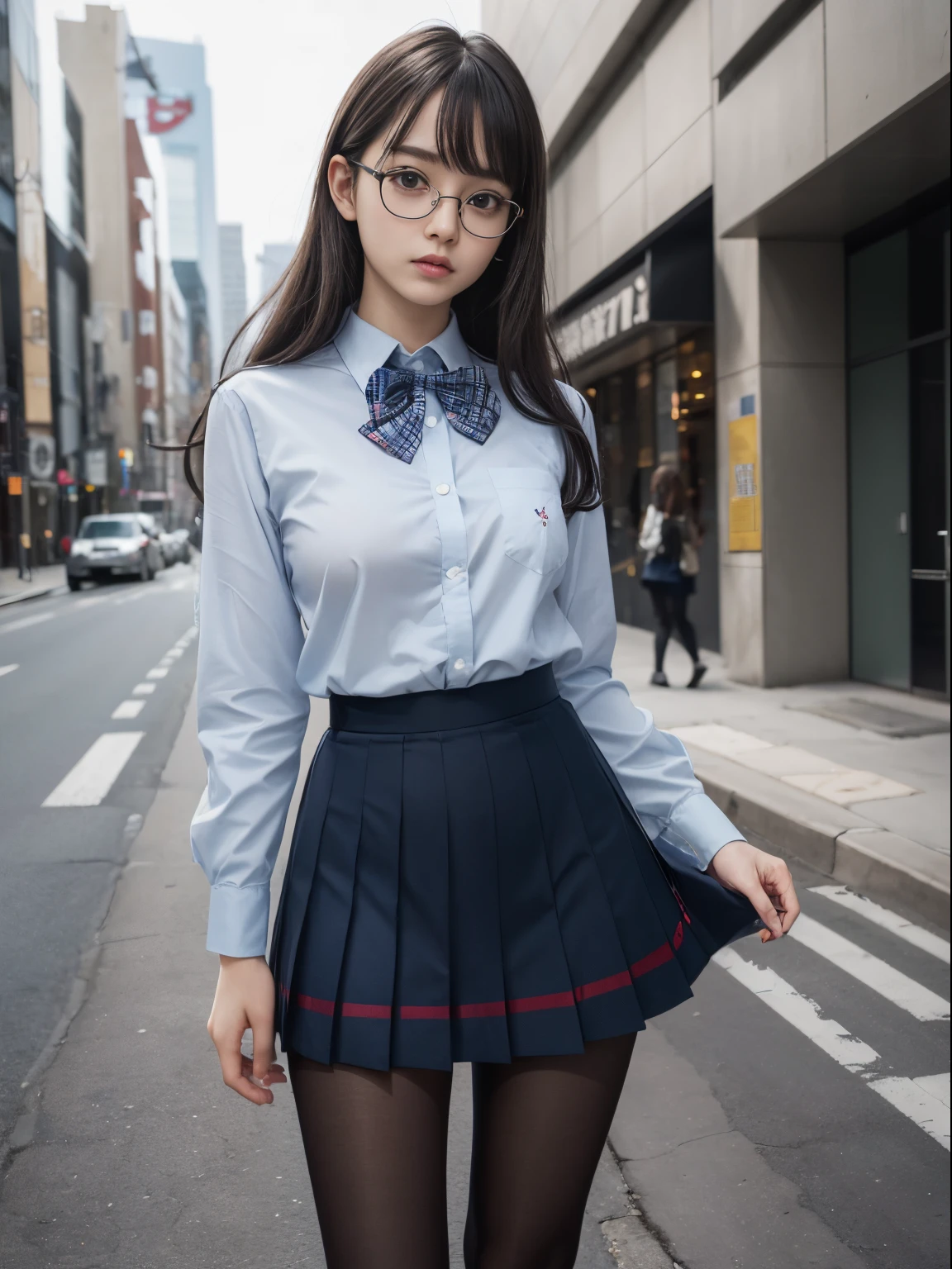 (I see underwear)、((Narrow-eyed))、((Narrow-eyed))、((Narrow-eyed))、(8K、Raw photography、top-quality、masterpiece:1.2),、Has a small、(flat breast)、(flat breast)、(flat breast)、(flat breast)、(flat breast)、(being thin)、light skinned、skin whitening、Dark look、Rasping,glamor,Chromo-white skin,cocky,School,watching at viewers,Looking at the front,Muchimuchi,High-pitched clothing,??????,Pupils,de pele branca,kne,((Black pantyhose)),absurderes,a small face,,Forehead visible,Bangs hanging from the left and right sides of the forehead,(a cold expression,Tight eyes,glares,Bullish,irate)、masterpiece,top-quality、超A high resolution,Raw photo,ren,Beautiful fece,One Person, 独奏,eye glass,,Dark look,Small breasts,fullllbody,Round glasses,JK school uniform,hi-school girl,A Japanese Lady, Standing,(Photorealsitic:1.37)、Photon mapping,Realistic、Beautie,Cute little face,Brown-eyed、Black socks、(Red bow tie)、Radio City、Physically Based Rendering、depth of field rally background、a picture,Body,beauty legs, Long legs, Thin leg,(Bangs are visible), hair, s lips, Blue_The eye, nosesoft,(Light blue shirt), (Navy and blue and white plaid pleated skirt), Knees are visible,Sheer clothing,, Thigh, Black cotton socks,Nogizaka Idol, , Japanese ido