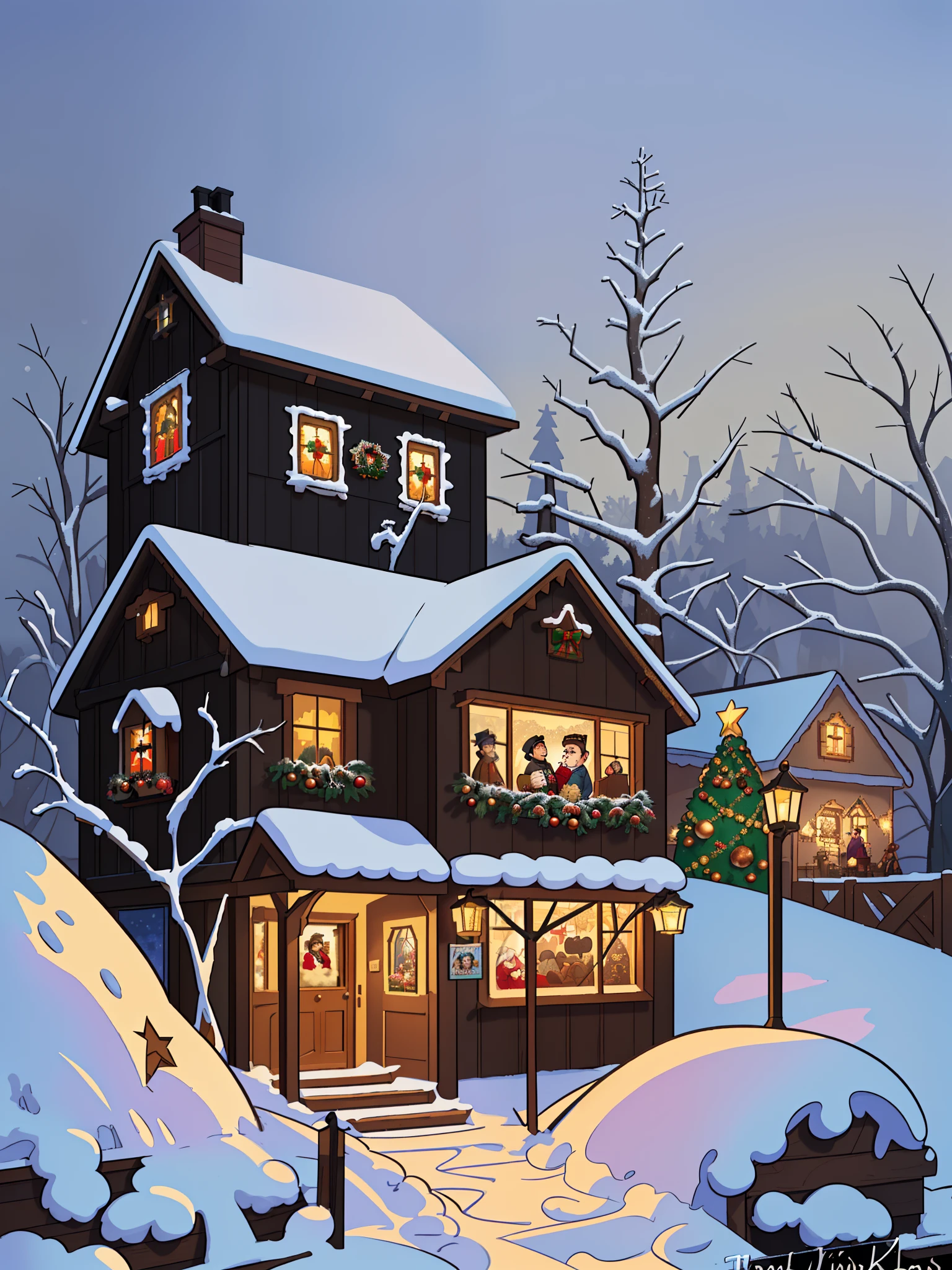 Christmas scene with a box with letters and a Christmas story in black, Art traditionnel, The Christmas Eve in Winter, Nouveau à réveillon, ( ( Thomas Kinkade ) ), vacances, (((Thomas Kinkade))), Contexte de la maison, very realistic, !!beau!!, Thomas Kinkade CFG _ Echelle 9, HQ very detailed, beautiful artwork, immaculately detailed