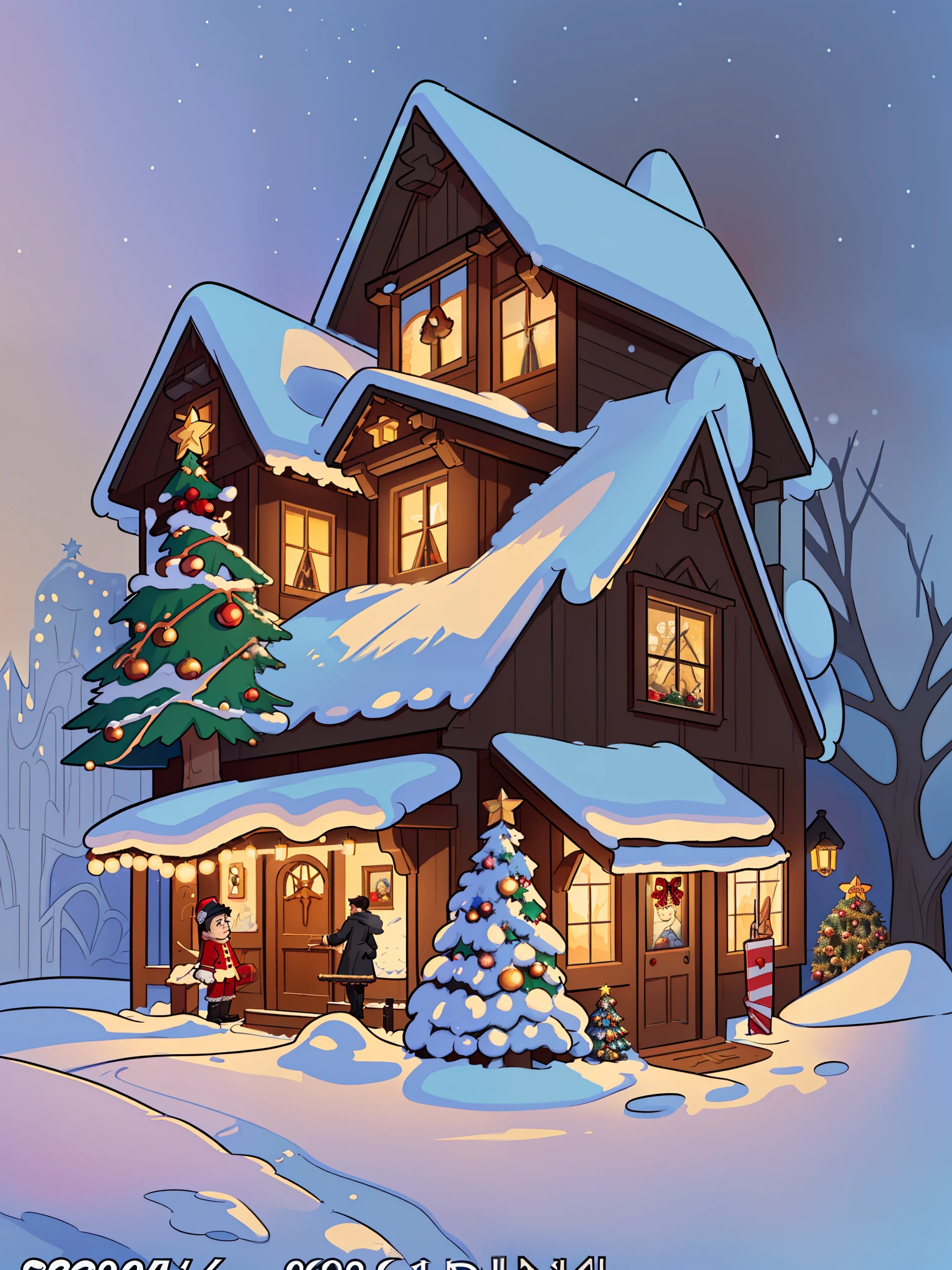 Christmas scene with a box with letters and a Christmas story in black, Art traditionnel, The Christmas Eve in Winter, Nouveau à réveillon, ( ( Thomas Kinkade ) ), vacances, (((Thomas Kinkade))), Contexte de la maison, very realistic, !!beau!!, Thomas Kinkade CFG _ Echelle 9, HQ very detailed, beautiful artwork, immaculately detailed