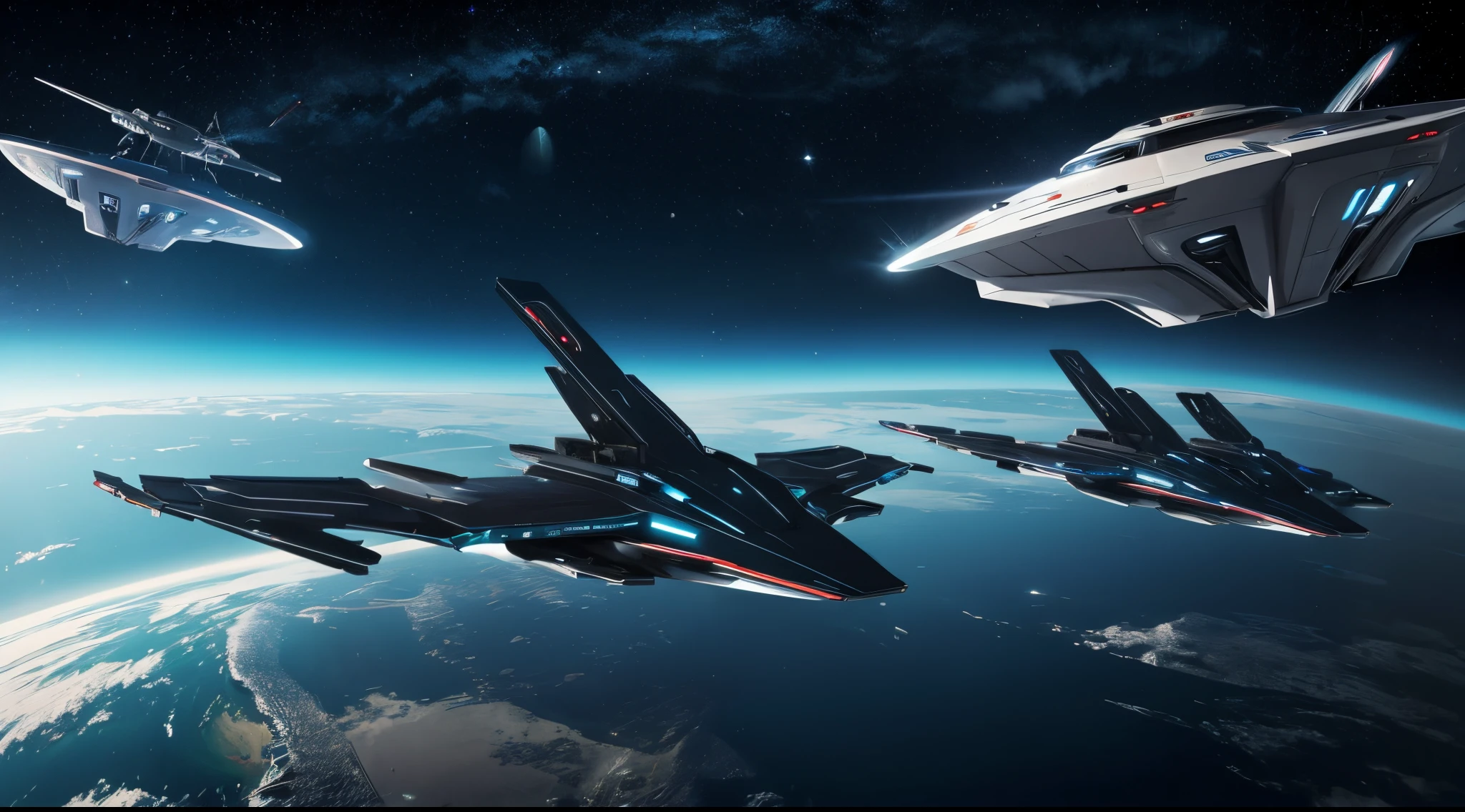 A fleet of futuristic spaceships heading to a planet