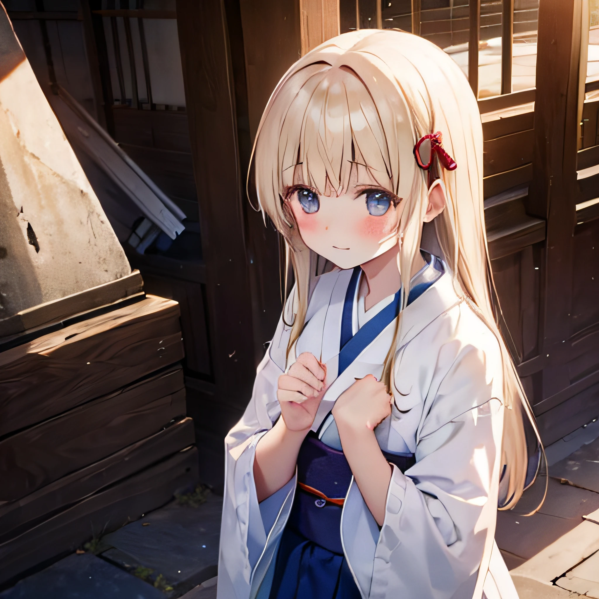 Realistic,(natta), (about 17 years old),Wide Angle,(Naughty),Wide Angle,1girl in,blondehair,((shame)), embarrassed,blushed,Wide Angle,From  above,((shrine maiden)),((shrines)), llight rays, Glow, (masutepiece)