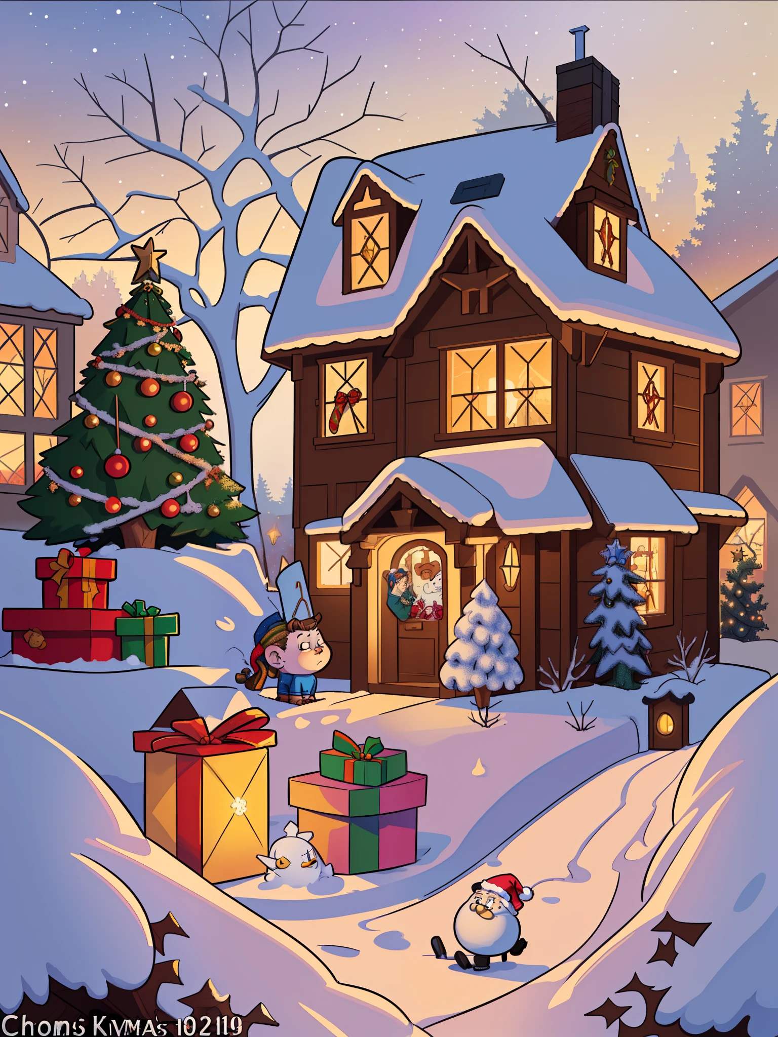 Christmas scene with a box with letters and a Christmas story in black, Art traditionnel, The Christmas Eve in Winter, Nouveau a réveillon, ( ( Thomas Kinkade ) ), vacances, (((Thomas Kinkade))), Contexte de la maison, very realistic, !!beau!!, Thomas Kinkade CFG _ Echelle 9, HQ very detailed, beautiful artwork, immaculately detailed