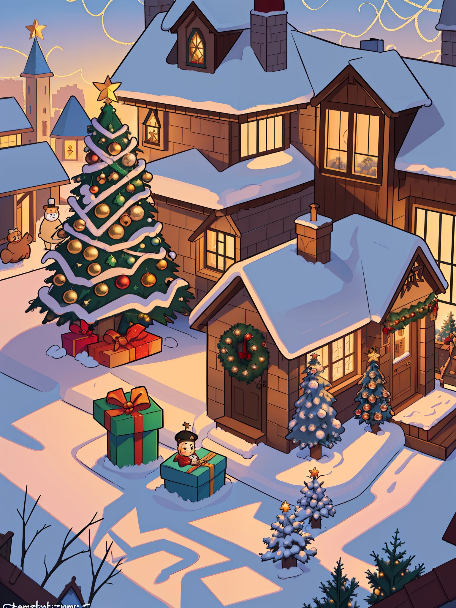 Christmas scene with a box with letters and a Christmas story in black, Art traditionnel, The Christmas Eve in Winter, Nouveau à réveillon, ( ( Thomas Kinkade ) ), vacances, (((Thomas Kinkade))), Contexte de la maison, very realistic, !!beau!!, Thomas Kinkade CFG _ Echelle 9, HQ very detailed, beautiful artwork, immaculately detailed