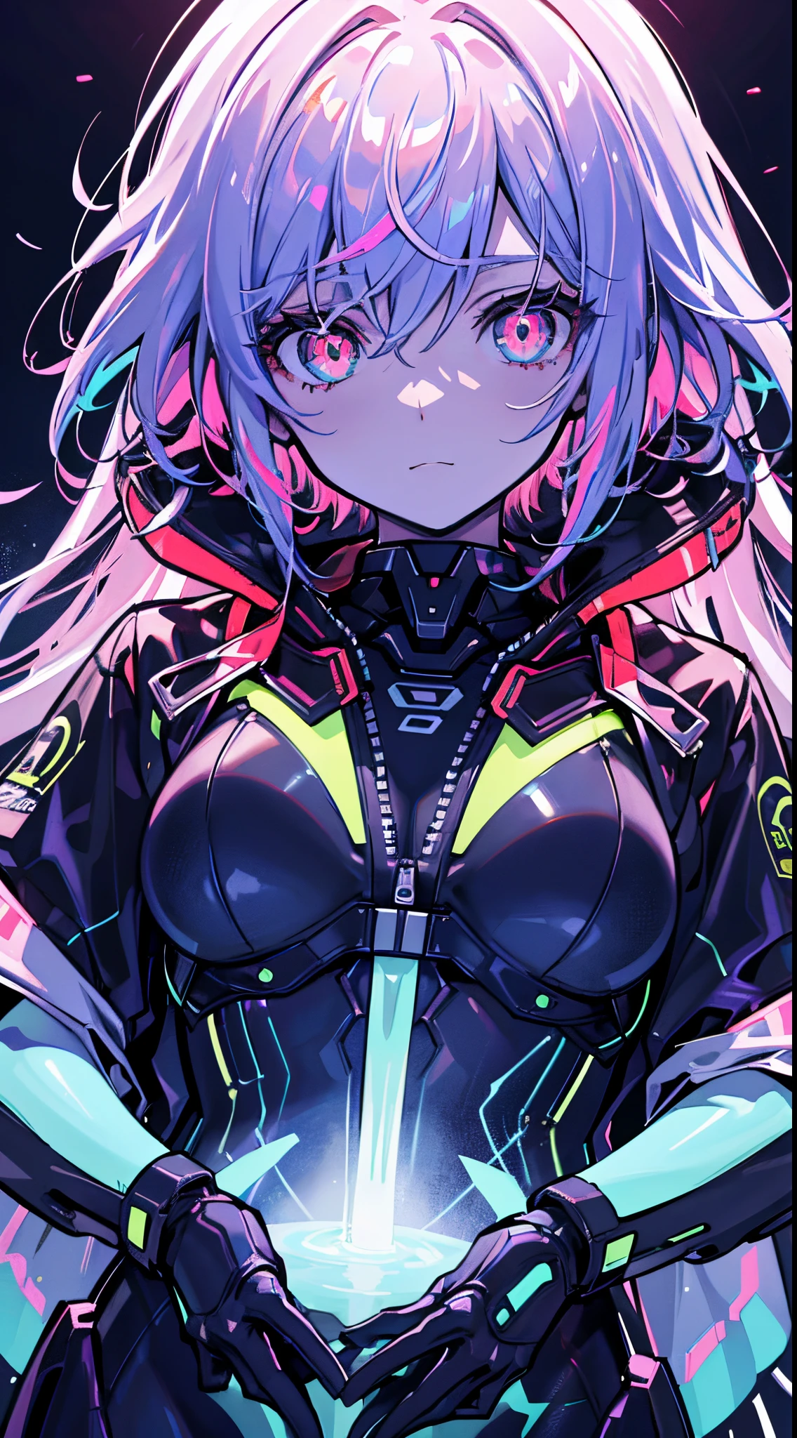 glowing eyes, colourful glowing hair, wearing sci-fi jacket, anime style, high detail, Futurism, glowing light, UHD, retina, masterpiece, ccurate, anatomically correct, textured skin, super detail, high details, high quality, award winning, best quality, highres