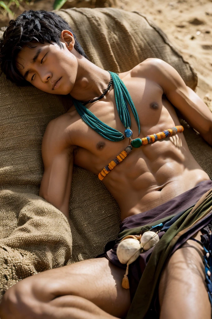 A slender muscular tribal boy wearing a tattered loincloth and an ivory necklace is taking a nap., 12year old