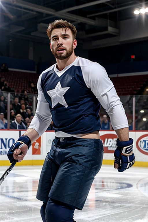 chris evans is a ice hockey player, muscular body, massive bulge, he is in an ice rink