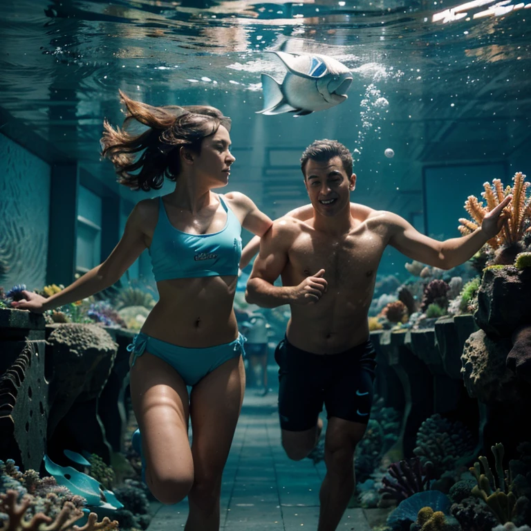 Running under the sea with a sea fish and girlfriend
