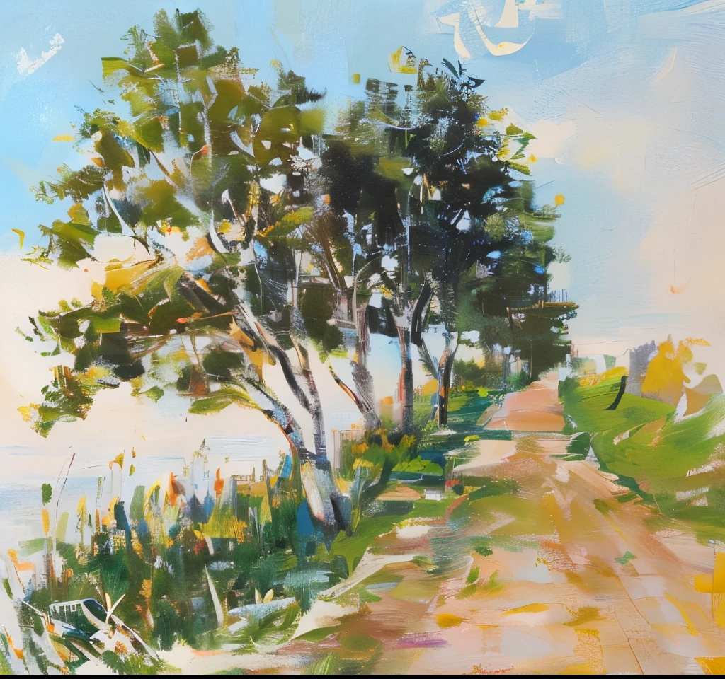 draw a road，There are trees and grass on both sides, oil painted, There are trees, written on white thin color,Overgrown weeds on both sides of the stone road，some trees in the corner,