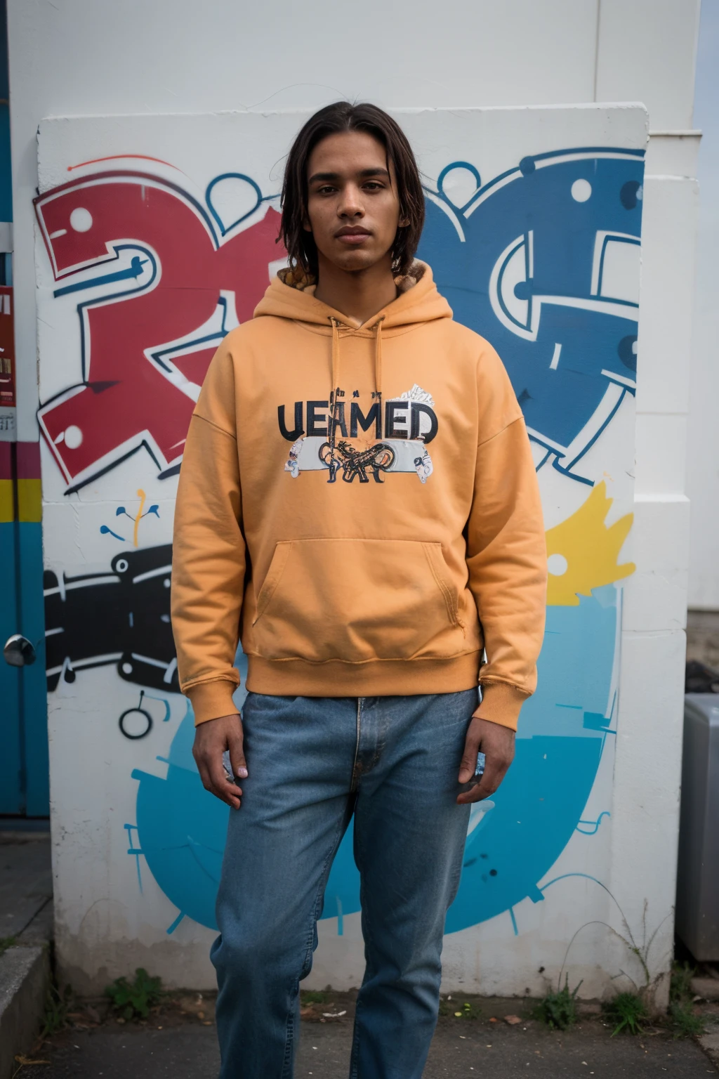 A vibrant graffiti mural depicting a man wearing a hoodie, standing tall and proud at the forefront of a diverse crowd of individuals, all united under a common vision for a brighter future.